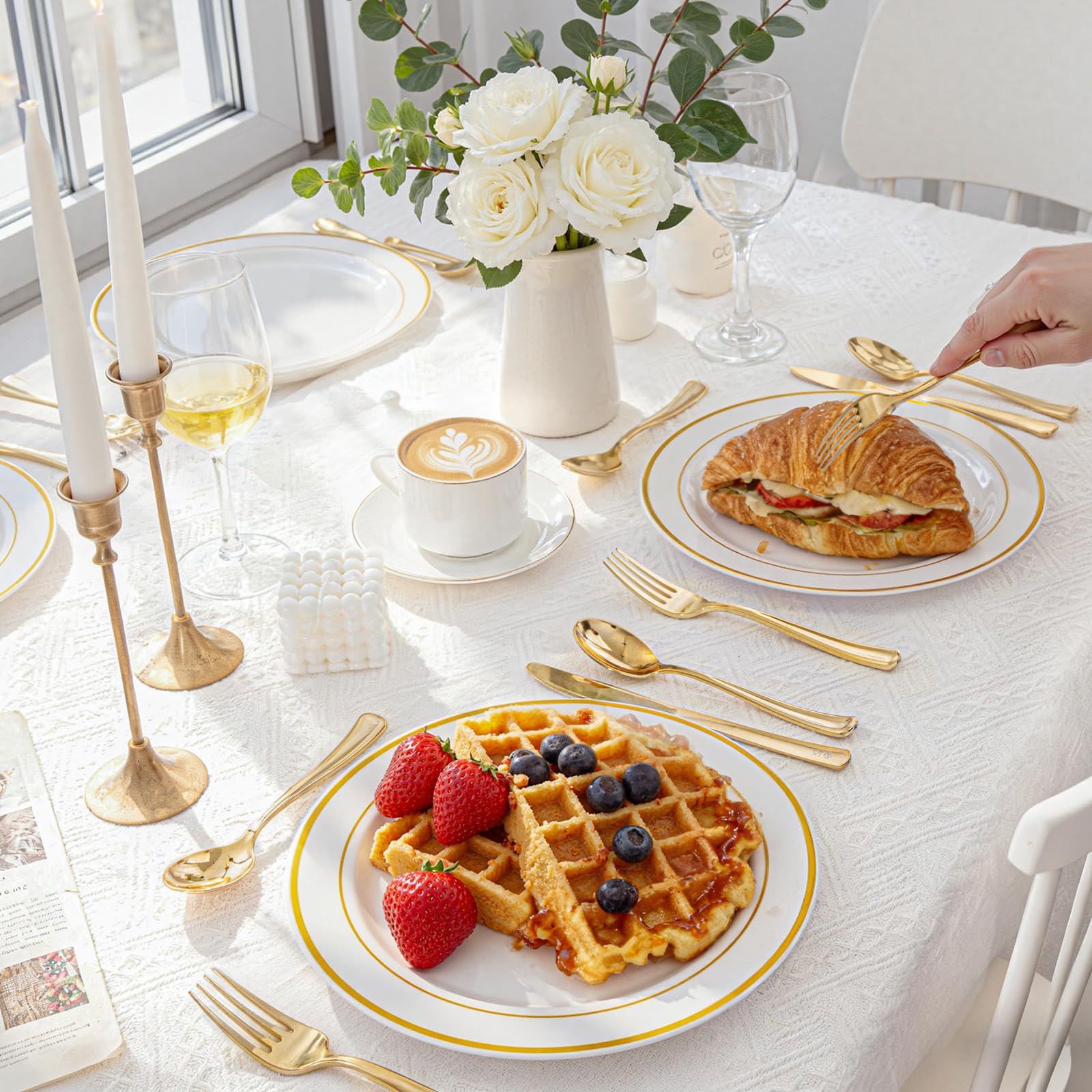 WDF300 Pieces Gold Plastic Silverware - Heavy Duty Disposable Gold Cutlery Set Plastic Gold Silverware Set Plastic Includes 100 Forks, 100 Spoons, 100 Knives for Party