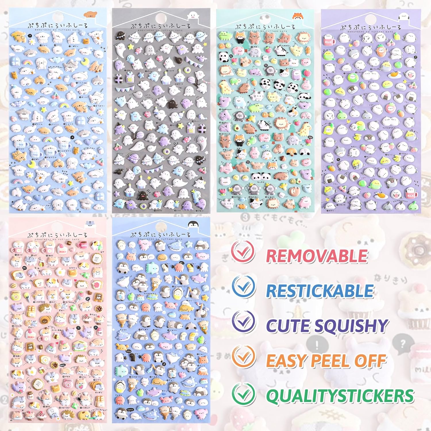 Cute Puffy Stickers for Kids 600+, 3D Tiny Micro Bulk Sticker Set for Girls Adults, Removable Cute Stickers Includes Kawaii Japanese Cartoon Ghost Animal Cat Dog Birds for Phone Case(6 Sheets)
