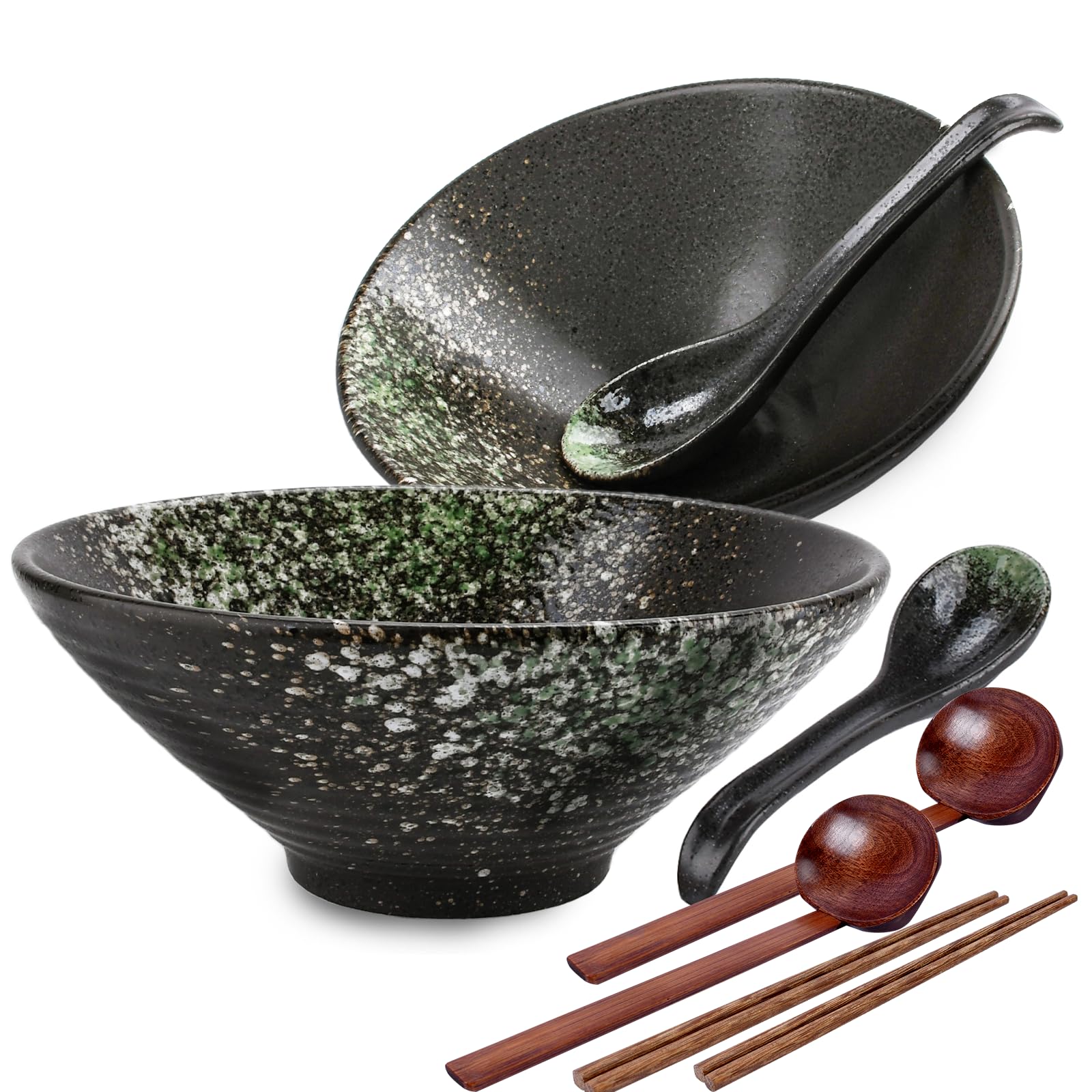 Lavabile in Lavastoviglie Stoviglie,Set Ciotola Ramen in Ceramica 2×1000ML 34oz Ciotola di Pasta Giapponesi,7 Pezzi Ciotole Giapponesi per Ramen per Spaghetti Zuppa di Insalata Snack Bowl Regali