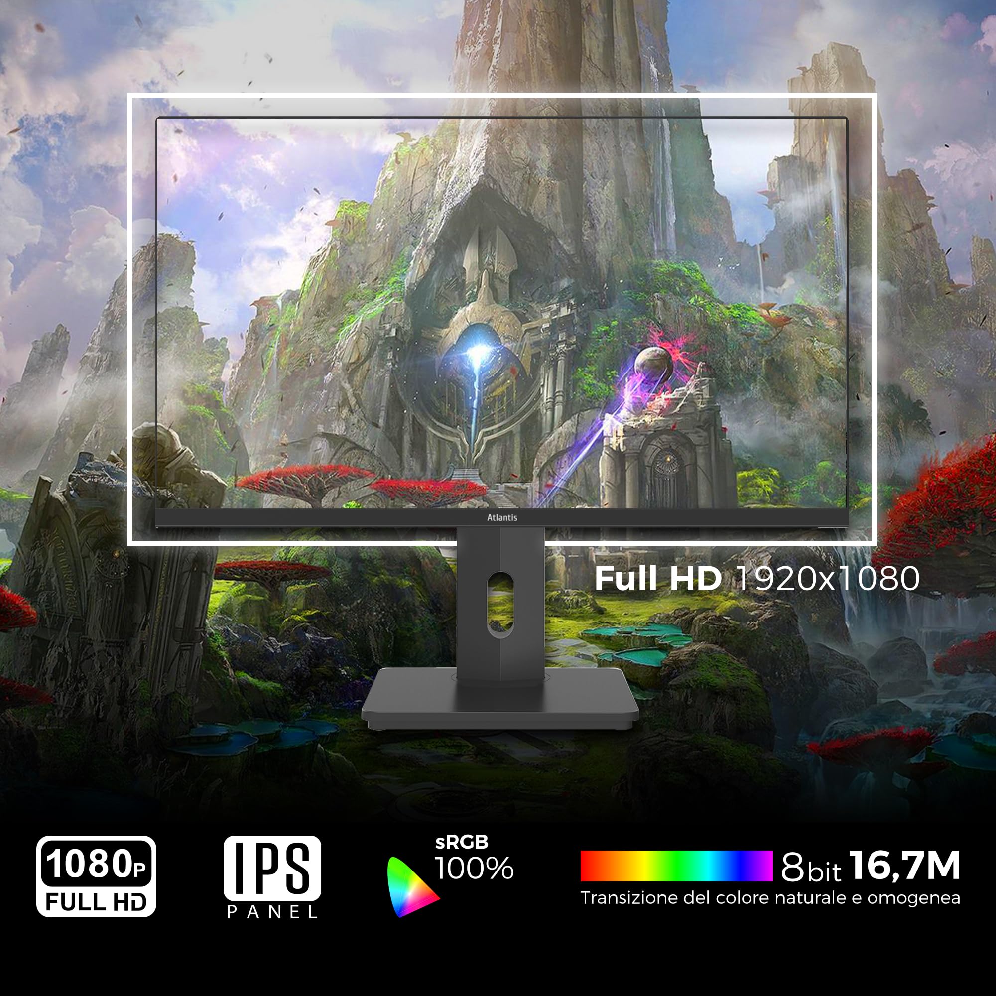 Atlantis Monitor 27 pollici Gaming 100Hz, schermo 27", Full HD 1920x1080, VGA HDMI e DP, MULTIMEDIALE,FreeSync,alzabile inclinabile, pivot risposta 5ms,Contrasto 1000:1,Angolo 178/178,Cavo HDMI e DP