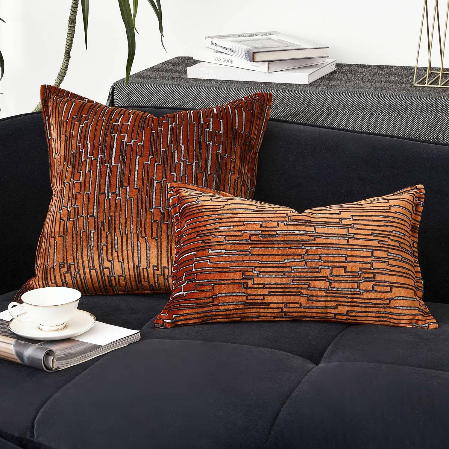 Luxury Velvet Throw Pillow Cover 18x18, Orange Abstract Stripe Cut Velvet Cushion Case for Couch, Sofa, Bedroom Decor, Soft Decorative Pillowcase with Hidden Zipper