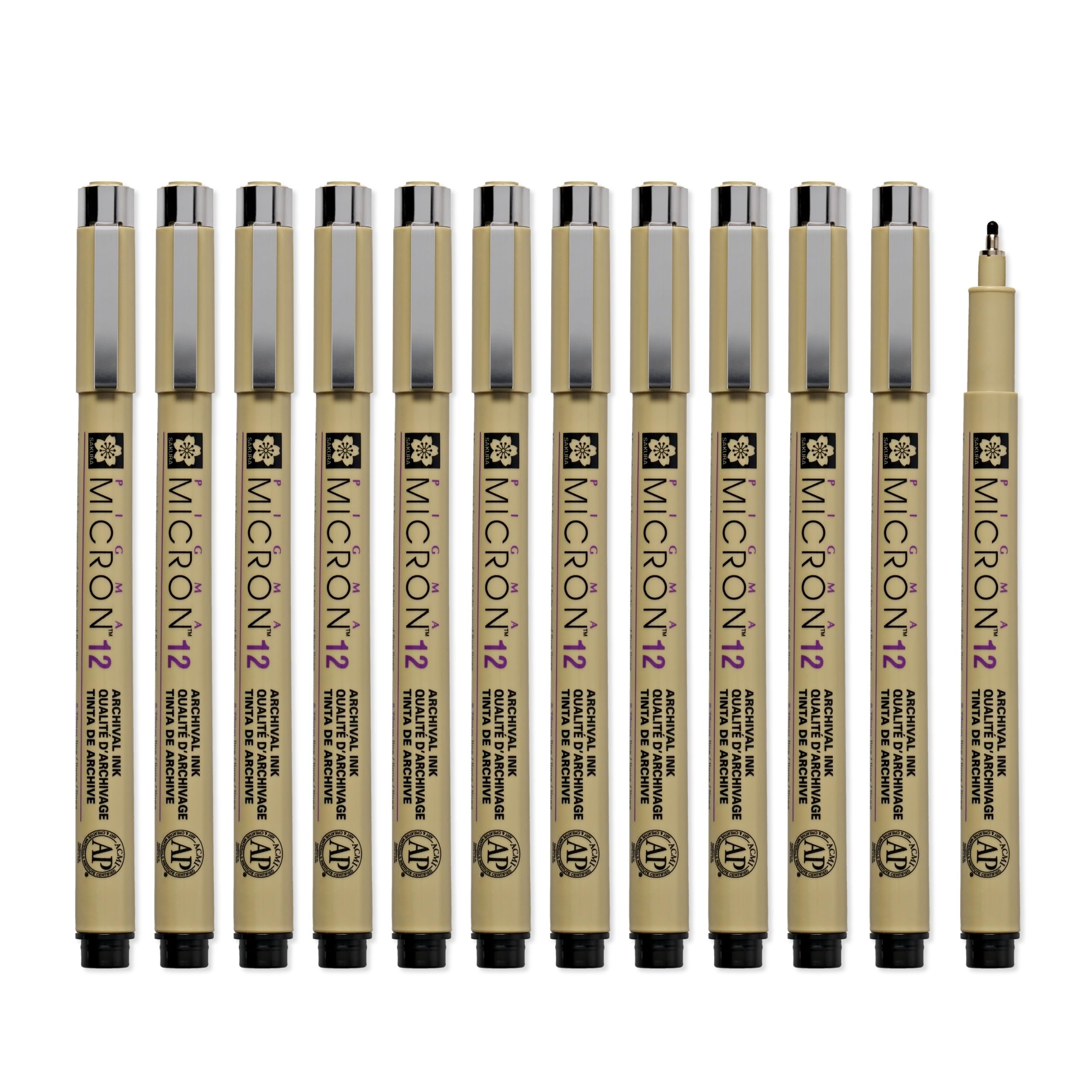 SAKURA Pigma Micron - Bolígrafos de punta fina, negro, 12 puntas gruesas, caja de 12 | Bolígrafos de tinta negra para escribir, dibujar o escribir en diario, marcas precisas que resisten la prueba del tiempo