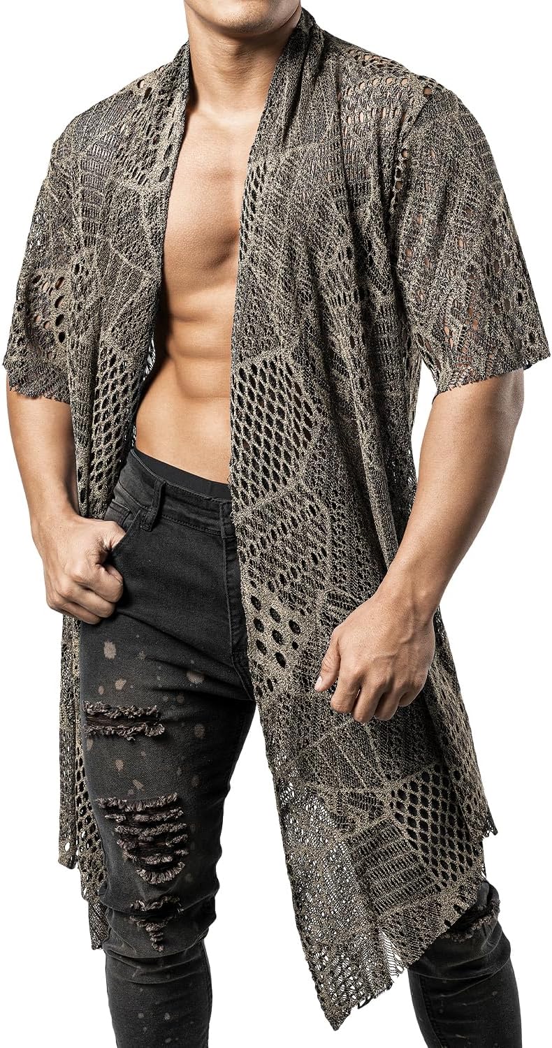 JOGAL Mens Mesh Fishnet See Through Cardigan Ruffle Shawl Collar Open Front Top - Image 3