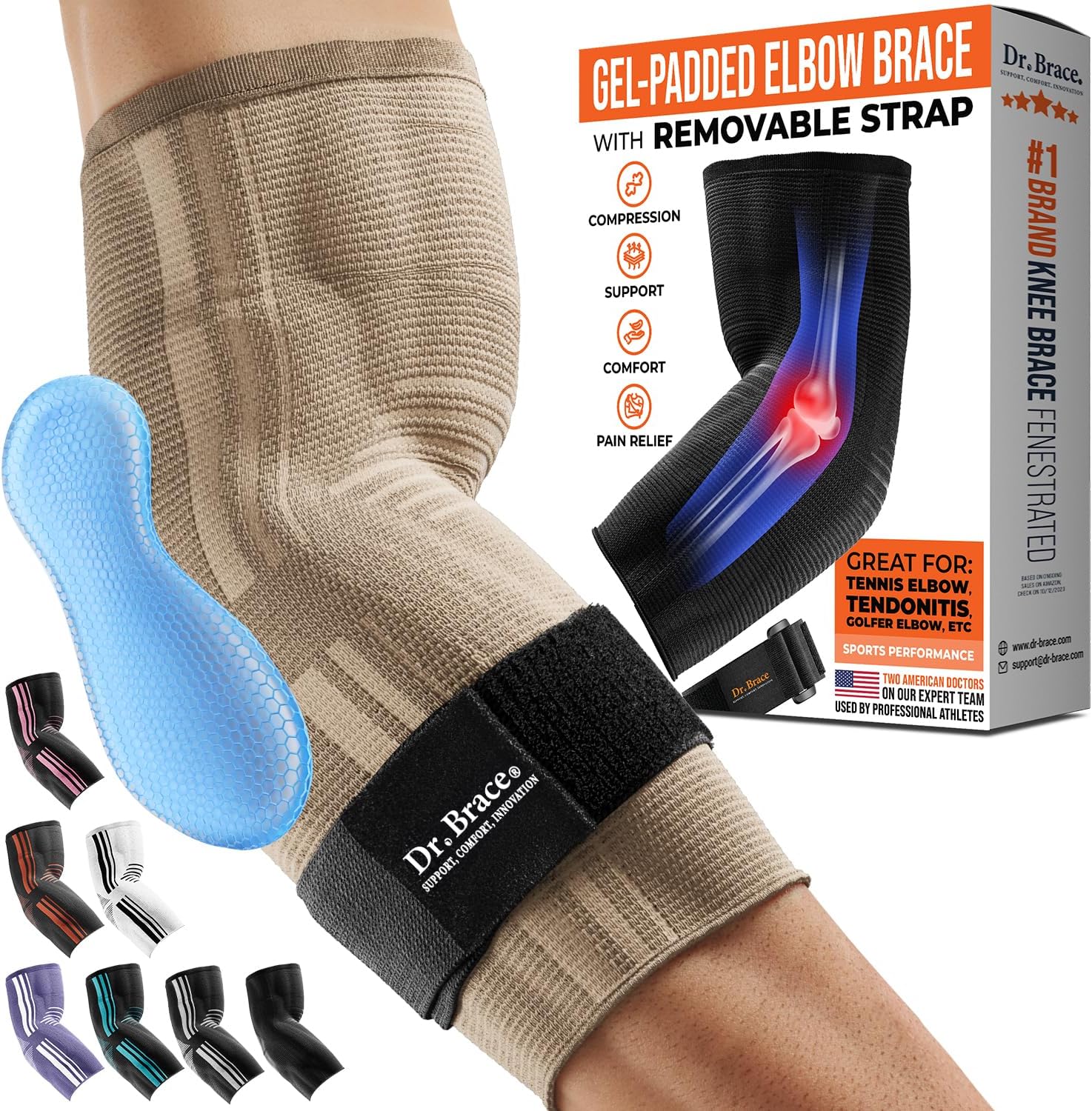 DR. BRACE® Elite Elbow Brace Support, Breathable Elbow Compression Sleeve with Gel Pad for Golfer's, Tennis Elbow & Tendonitis Treatment & Pain Relief