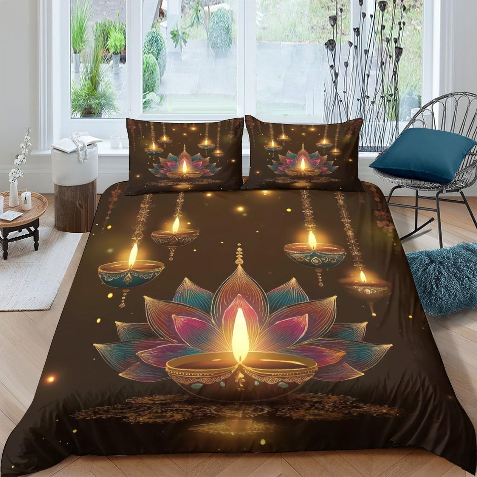 GPLZQXKJNH 3D Printed Lotus Candlelight Duvet Cover Set Microfiber Soft Breathable Diya Lamp Bedding Set with 2 Pillowcases for Bedroom Decor Single（135x200cm）