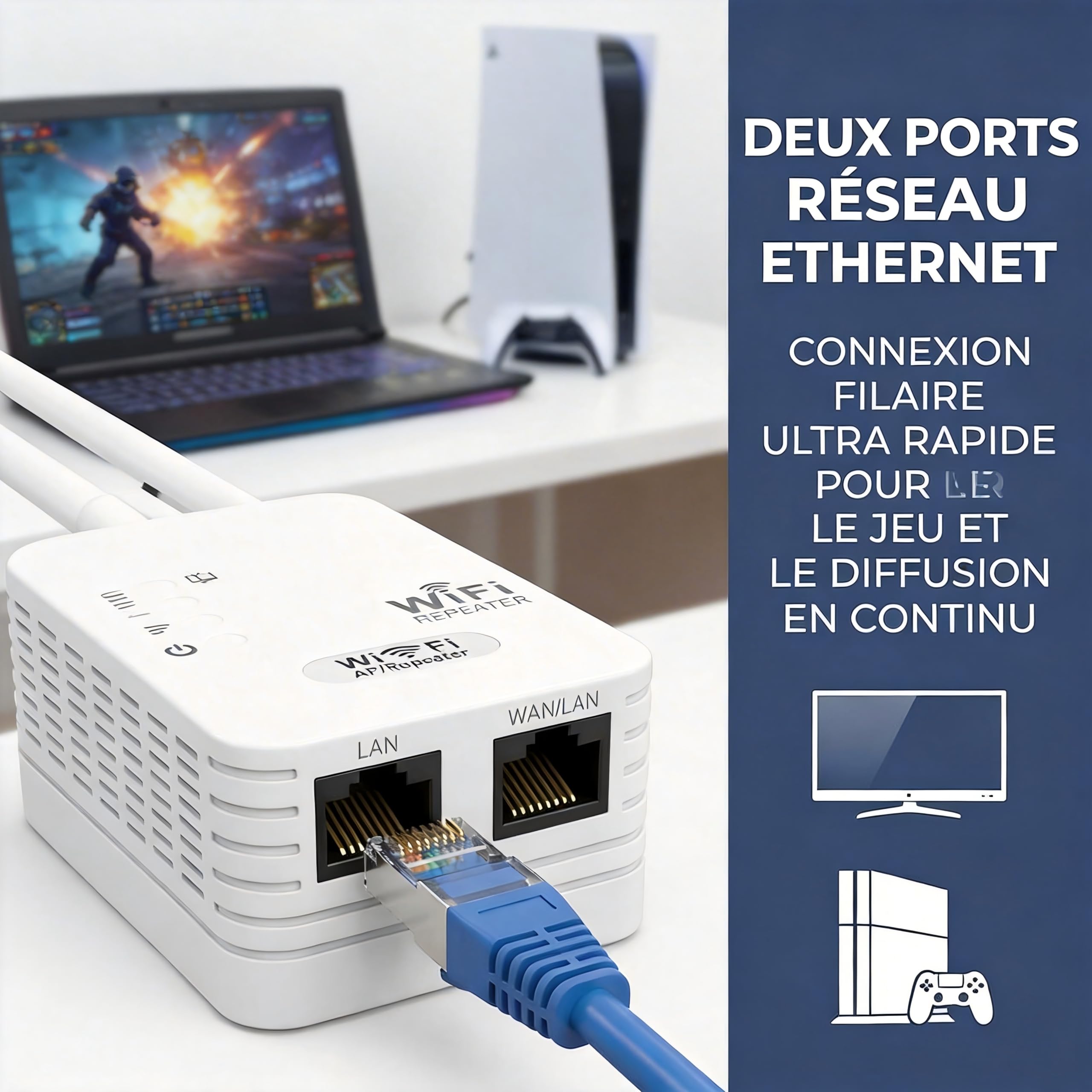Repeteur WiFi Puissant 1200M,Amplificateur WiFi,Répéteur WiFi avec 6 Antennes Externes Puissantes,Zone de Couverture 1200㎡,2 Ports LAN pour la Maison et Le Bureau（Blanc）