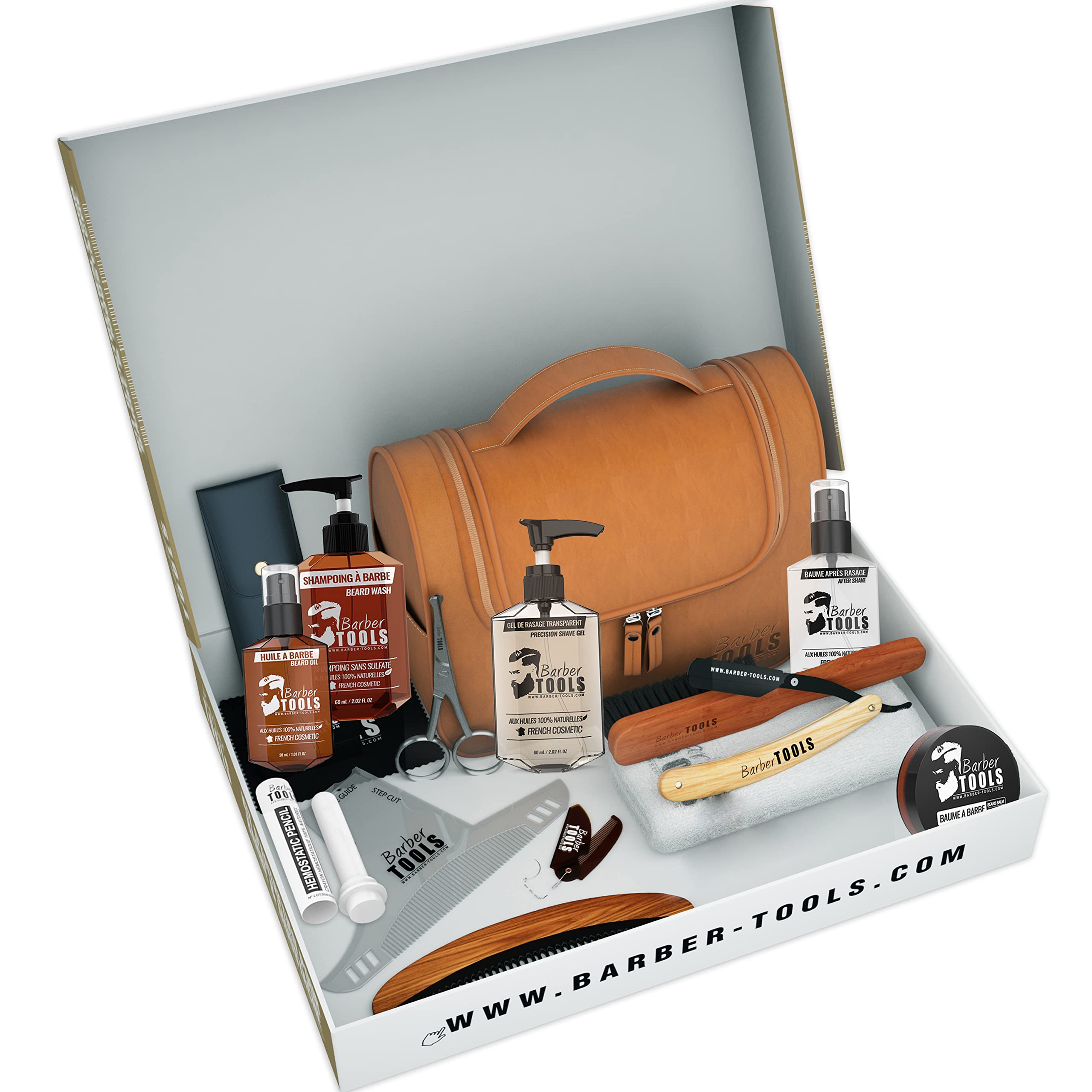 Kit/Set/Coffret d'entretien et de soin pour barbe et rasage avec Soin de barbier | Cosmetique Made in France ✮ BARBER TOOLS ✮