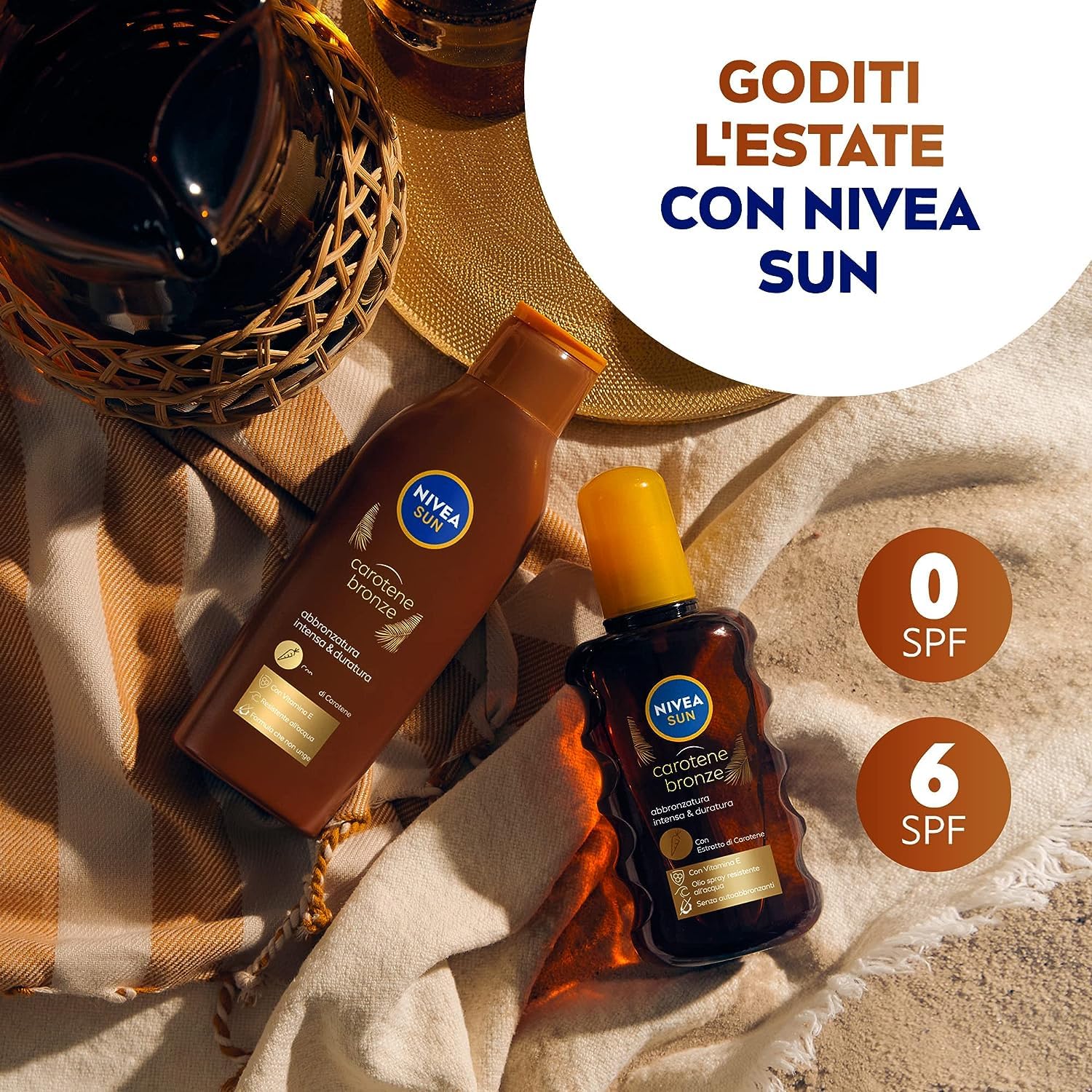 NIVEA SUN Latte Solare Carotene Bronze FP 6 200 ml, Crema solare abbronzante con protezione per una pelle dorata, Crema abbronzante arricchita con carotene e vitamina E