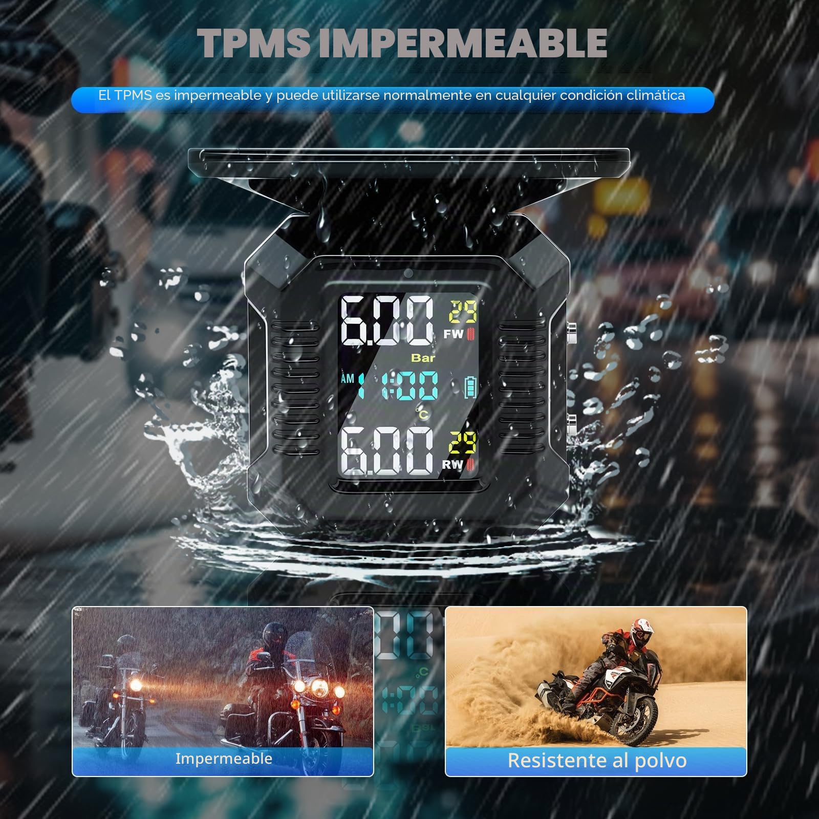 KAOLALI Sistema de Control de Presión de Neumáticos Moto TPMS, Motocicleta Inalámbrica Carga Solar/USB TPMS para Motocicletas con Pantalla LCD 2 sensores externos Impermeables