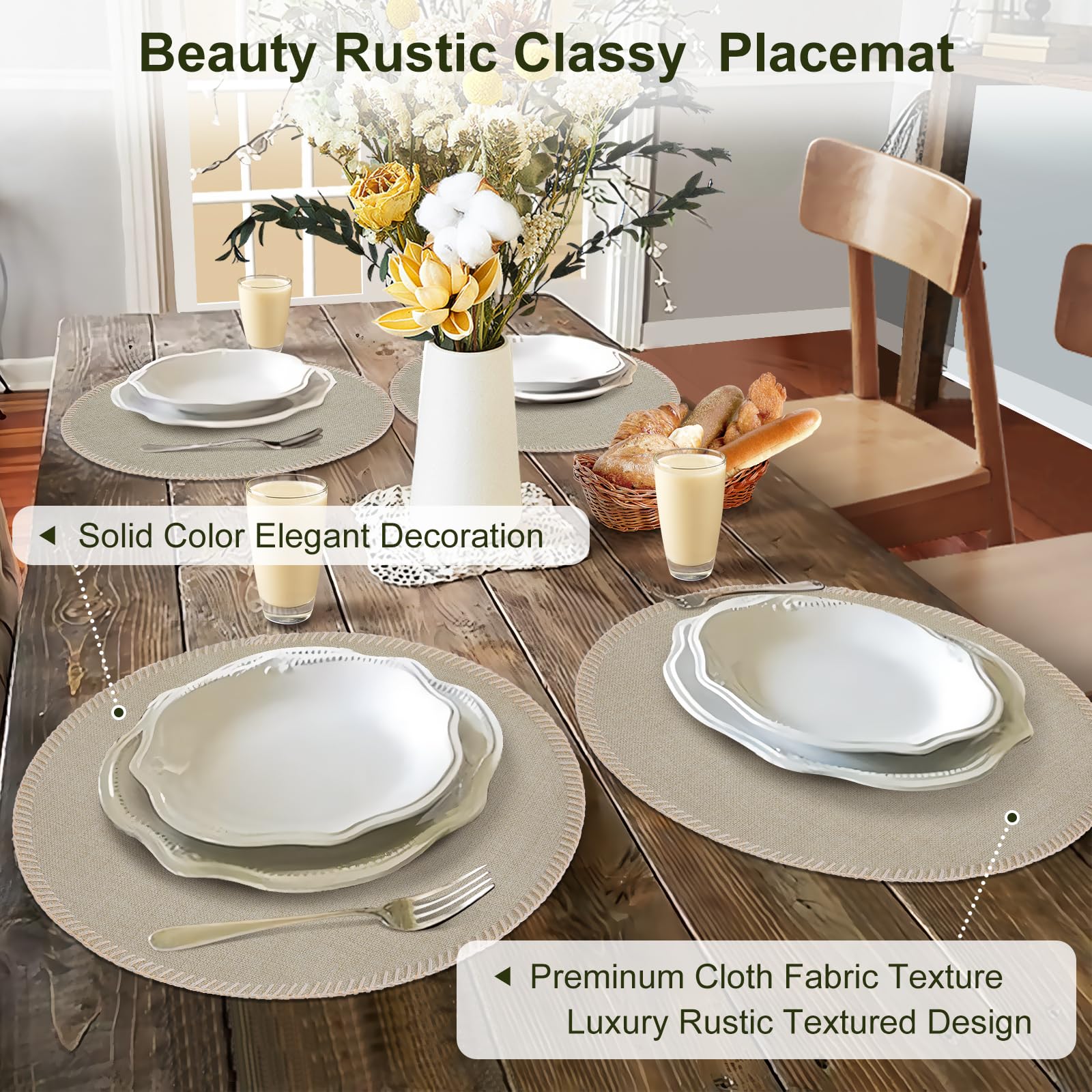 Rinpon Round Placemats Set of 8, Machine Washable Linen-Like Cloth Place Mats & Heat-Resistant for Dining Table - Image 2
