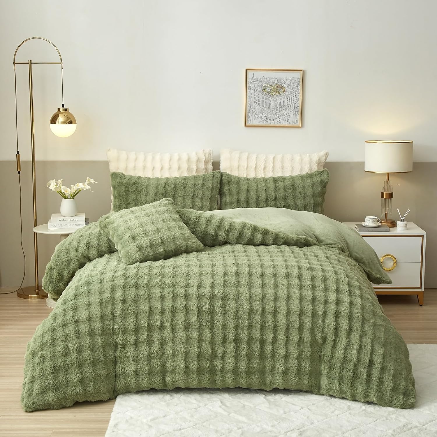 Fluffy Faux Rabbit Fur Duvet Cover Set Twin Size Sage Green, Luxury Soft Plush Shaggy Comforter Cover for Cold Winter Spring Fall, 2pcs Girls Velvet Fuzzy Furry Bedding Sets Green