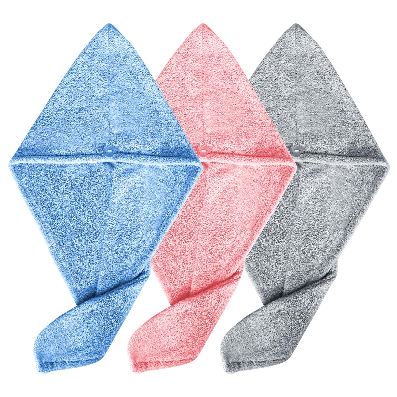 VTECHOLOGY 3Pcs Hair Towel Wrap, Microfiber Quick Drying Hair Towels, Bath Dryer Caps for Women Spa Salon Home Use and Hotel (Blue+Pink+Gray)
