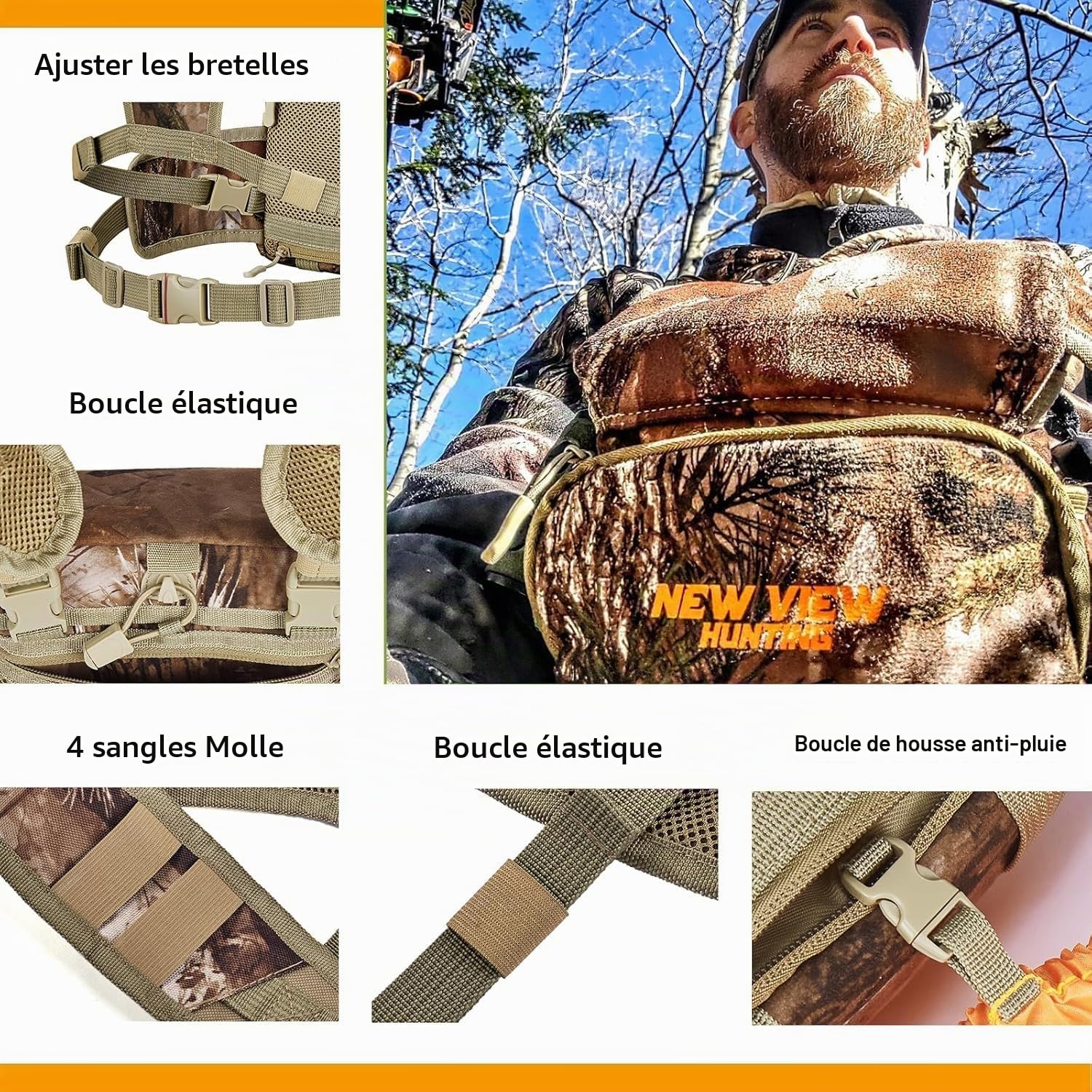 NewView Harnais jumelles avec sac de télémètre amovible, sangle réglable et housse de pluie – Idéal pour la chasse, la randonnée et l'observation des oiseaux – Quiet-M, Camouflage silencieux, M, Poche