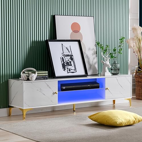 Miniatura 3 de COSVALVE Juego de mesa de 2 piezas de mármol blanco que incluye una moderna tabe de café de alto brillo y soporte de TV LED contemporáneo para sala