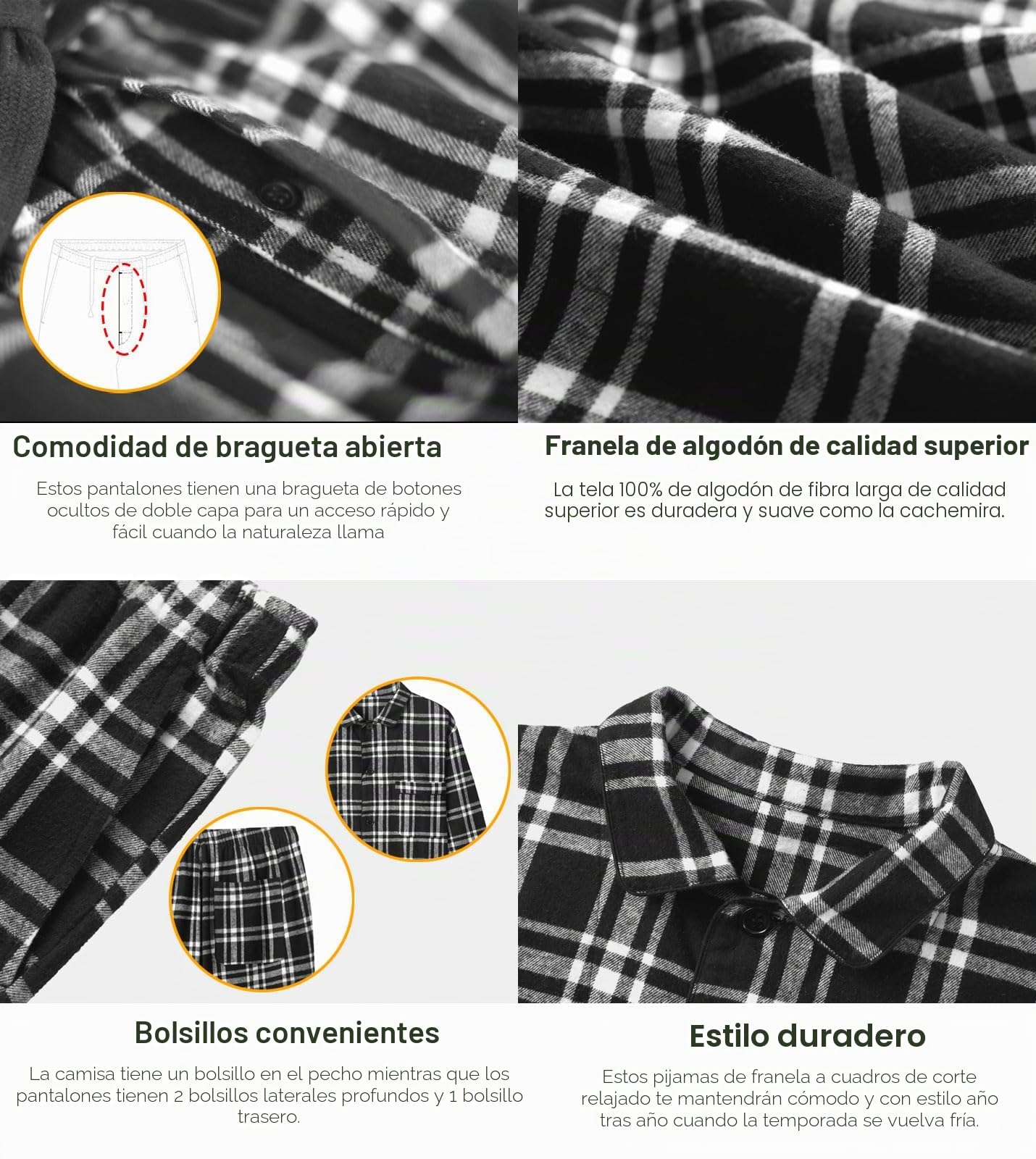 LAPASA Pijama Hombre Invierno 100% Algodón Franela Ropa Dormir a Cuadros Camiseta Manga Larga y Pantalón Largo Calido Estar en Casa Comodo M79/M95