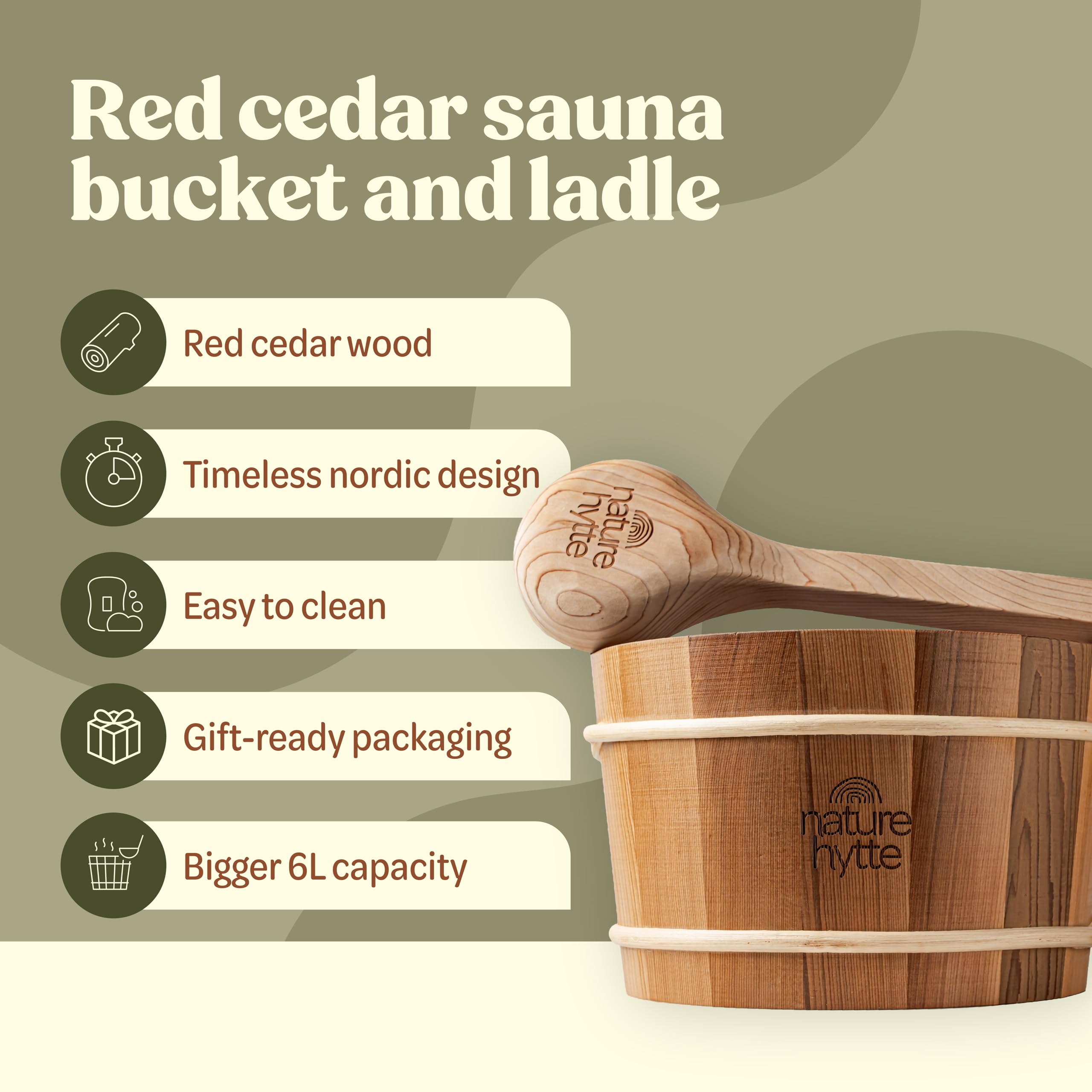 Juego de cubo y cucharón de cedro rojo para sauna de 6 L (1.6 galones), mango de cuerda natural, madera de cedro rojo de alta calidad, aroma natural, elegante embalaje listo para regalo