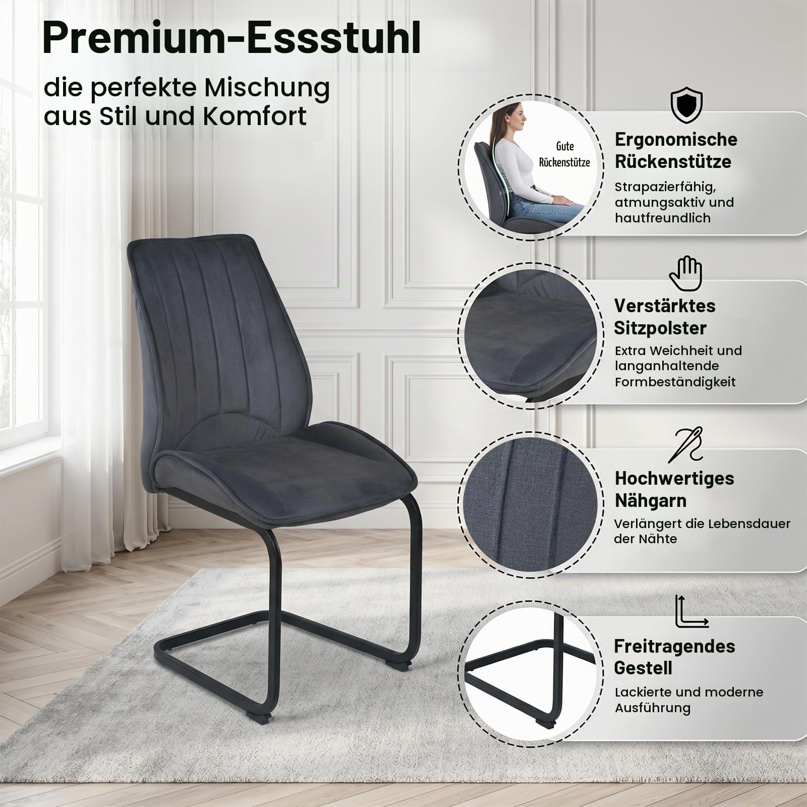JIEXI Esszimmerstühle 6er Set Freischwinger Küchenstuhl mit Rückenlehne, Stühle für Esszimmer, Stuhl Wohnzimmerstuhl für Esszimmer,Küche,Wohnzimmer,Restaurant,Konferenzraum, 150kg Belastbar