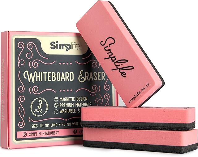 SIMPLIFE - Whiteboard Eraser Set of 3 - Multipack Retro Style Magnetic Rubbers - Lightweight, Pink, Washable, Dry Erase