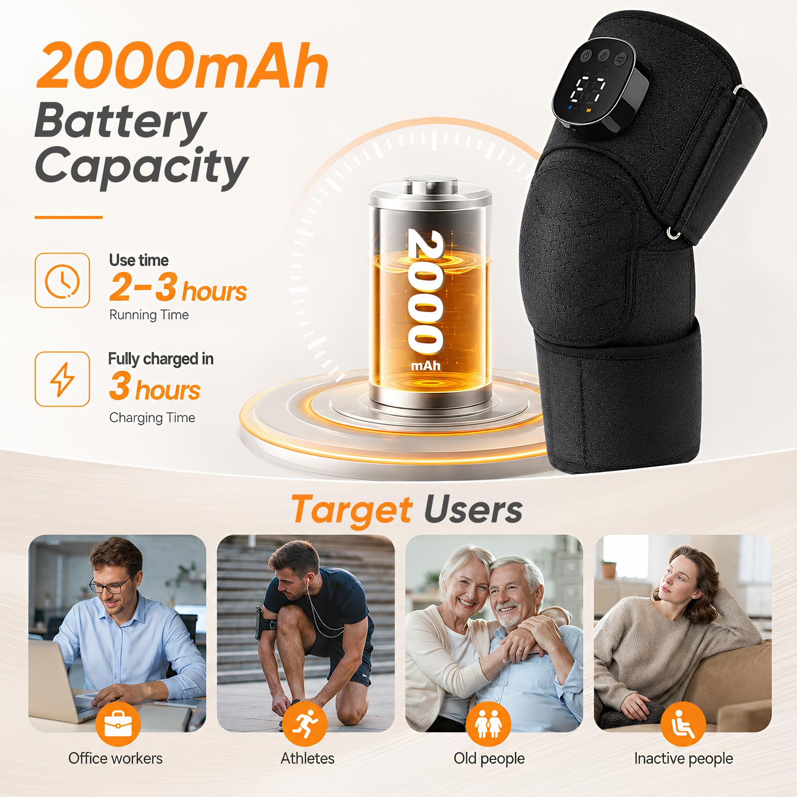 Kniemassagegerät mit Wärme, 3-Zonen Airbag Kniewärmer, Kabellos 2000mAh