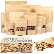 40pcs Kraft Paper Bags with Window 5.9in*8.6in/15cm*22cm Resealable Ziplock Kraft Paper Bags Resealable Waterproof for Jam Coffee Beans Tea Tea Spices Food Storage