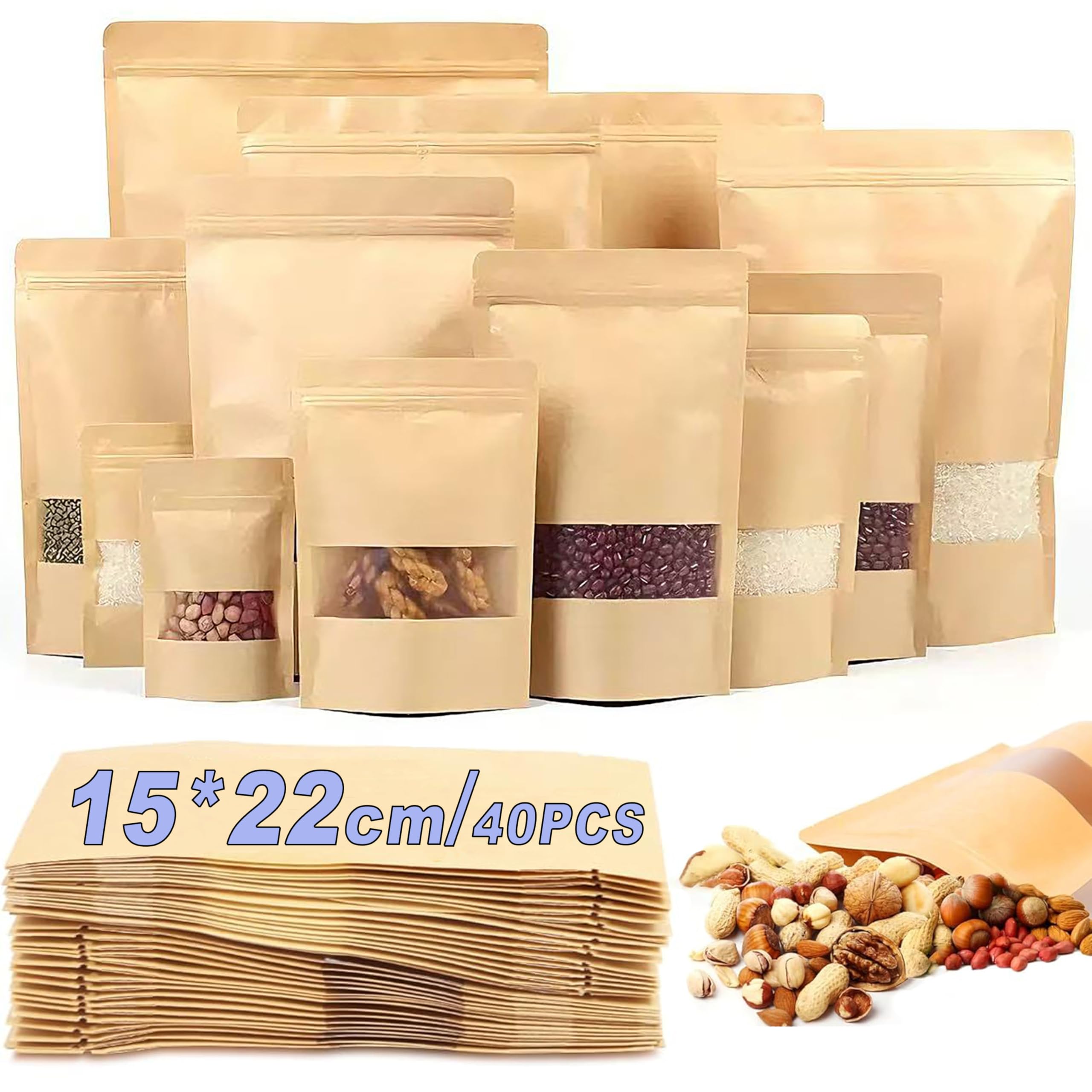40pcs Kraft Paper Bags with Window 5.9in*8.6in/15cm*22cm Resealable Ziplock Kraft Paper Bags Resealable Waterproof for Jam Coffee Beans Tea Tea Spices Food Storage