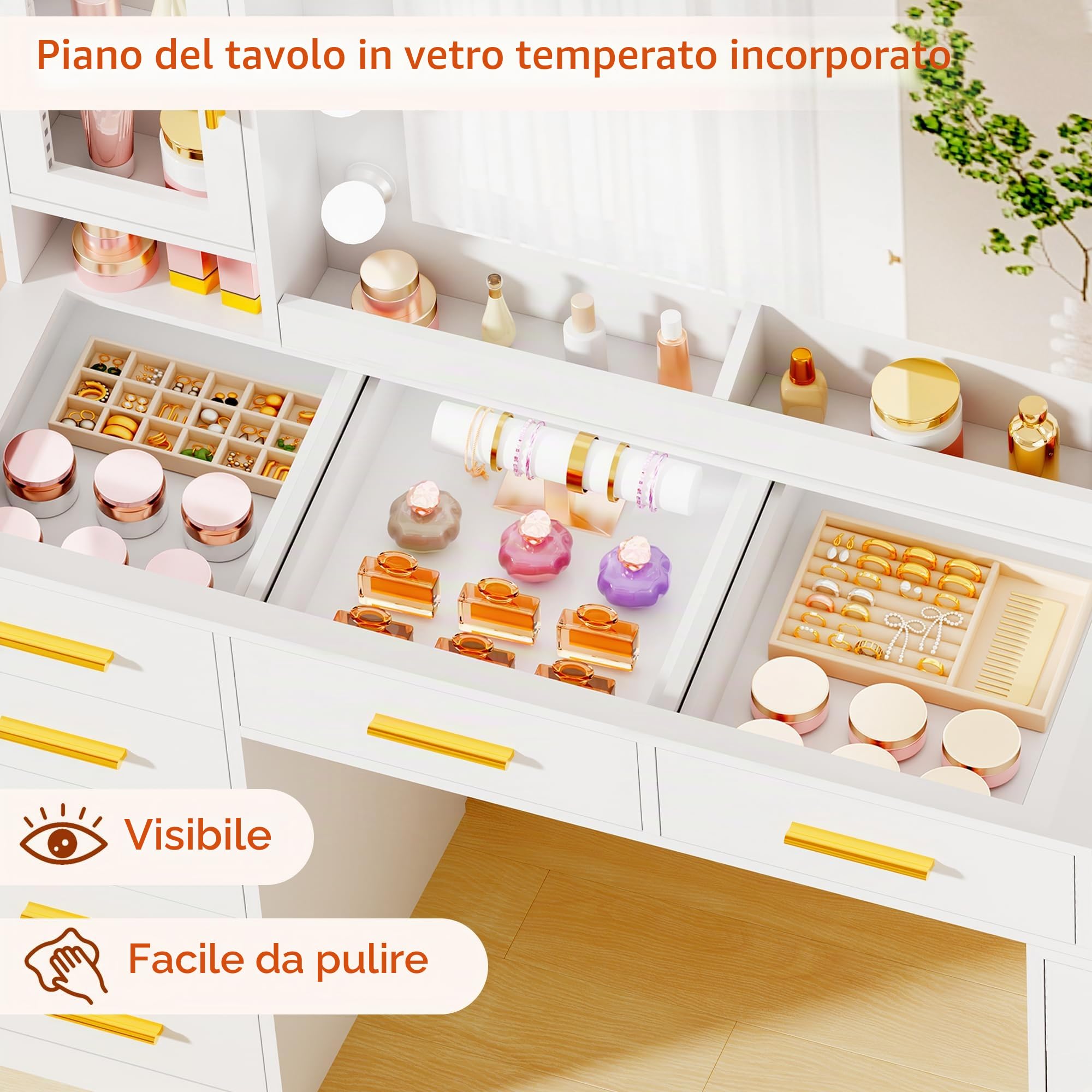 ANWBROAD 135cm Toeletta da Trucco con Piano in Vetro e Specchio e Luci LED | Grande Tavolo da Trucco con Grande Prese, Postazione Trucco con 11 Cassetti, 6 Ripiani, 2 Vassoi Moderna Bianca per Donna