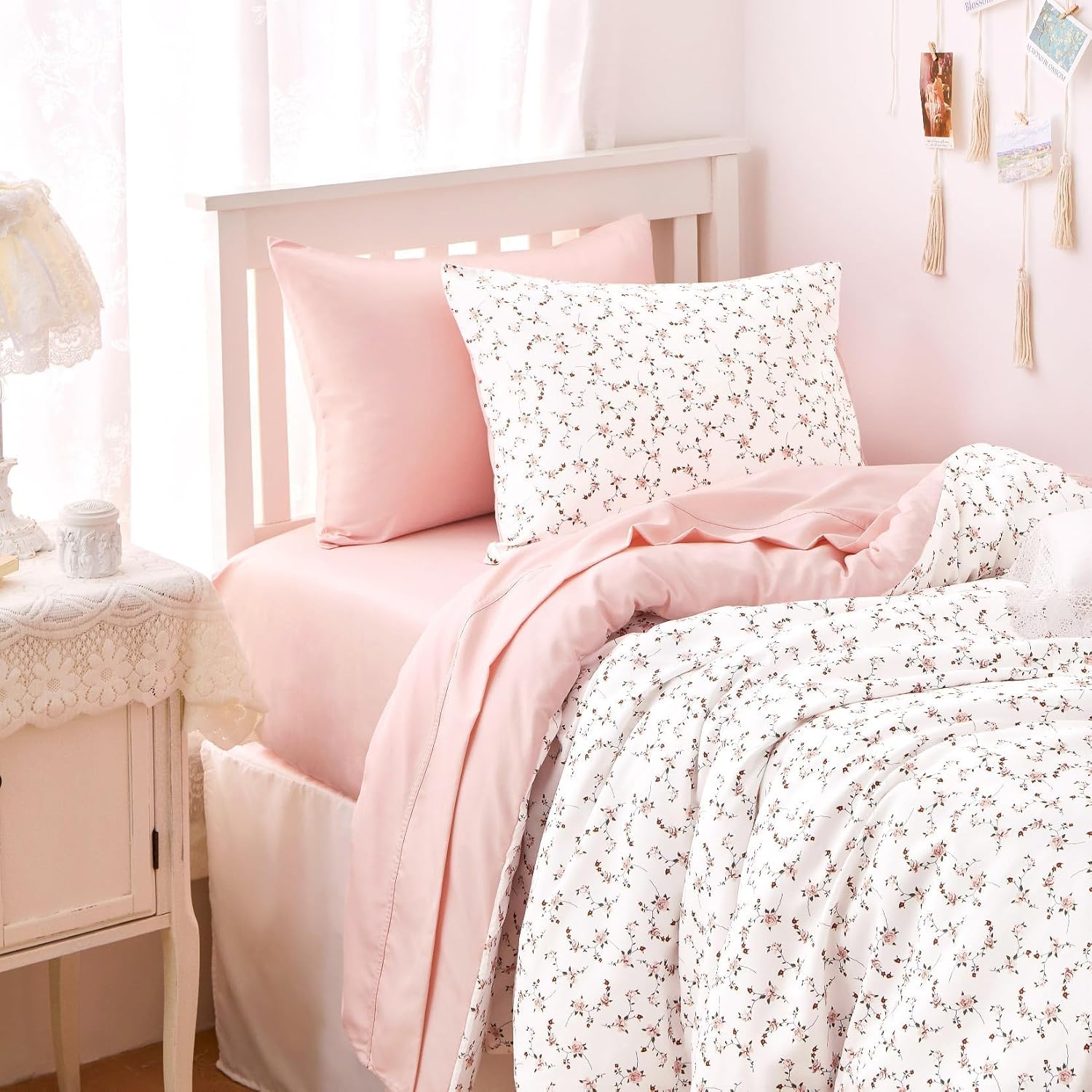 Wake In Cloud - Floral Duvet Cover Set, Coquette Cottagecore Aesthetic Cute Flower Pattern for Women Teen Girls, Soft Lightweight Bedding, 3-Piece, Pink, Twin/Twin XL Size - Image 5