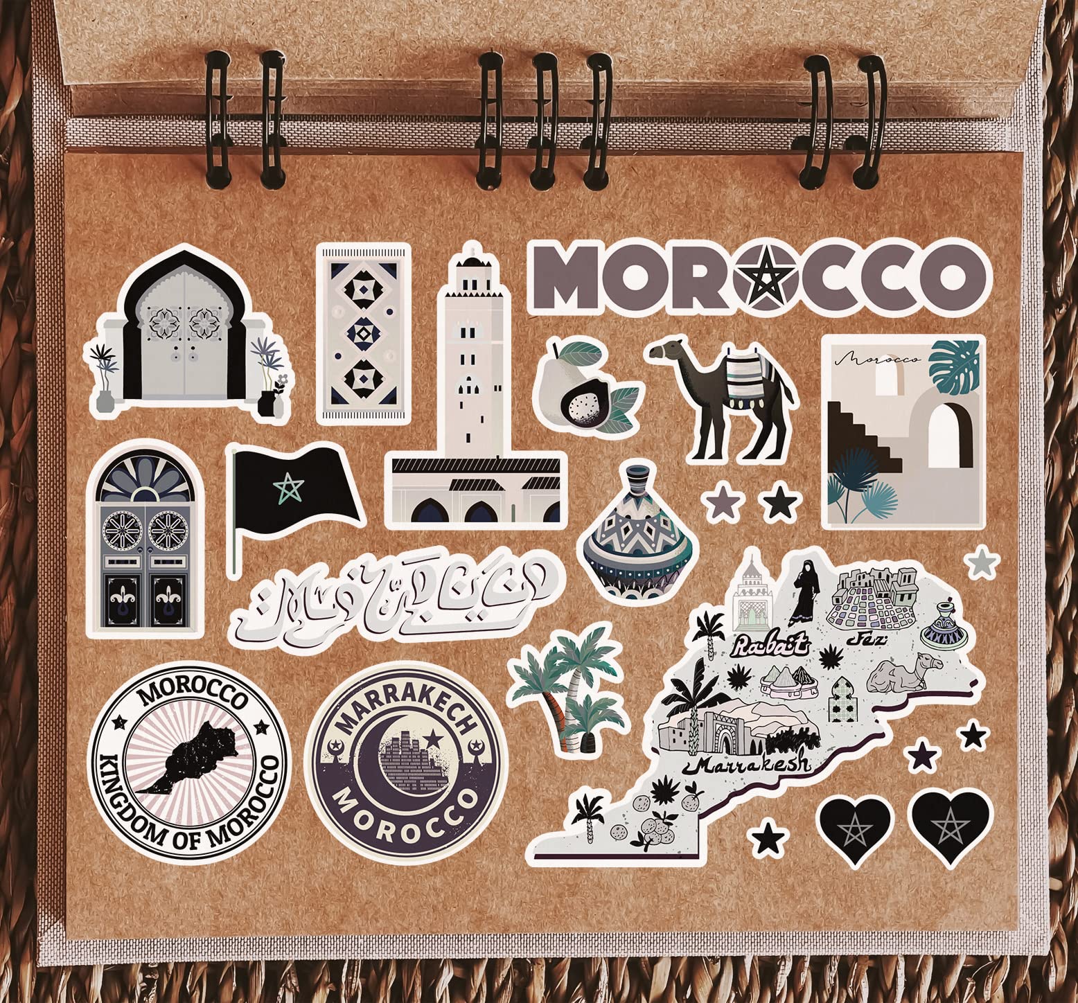 Autocollants Maroc – Feuille A5 En Vinyle | Décoration Bagages, Ordinateur Portable | Designs Typiques : Portes, Minarets, Tajine, Chameaux, Drapeau