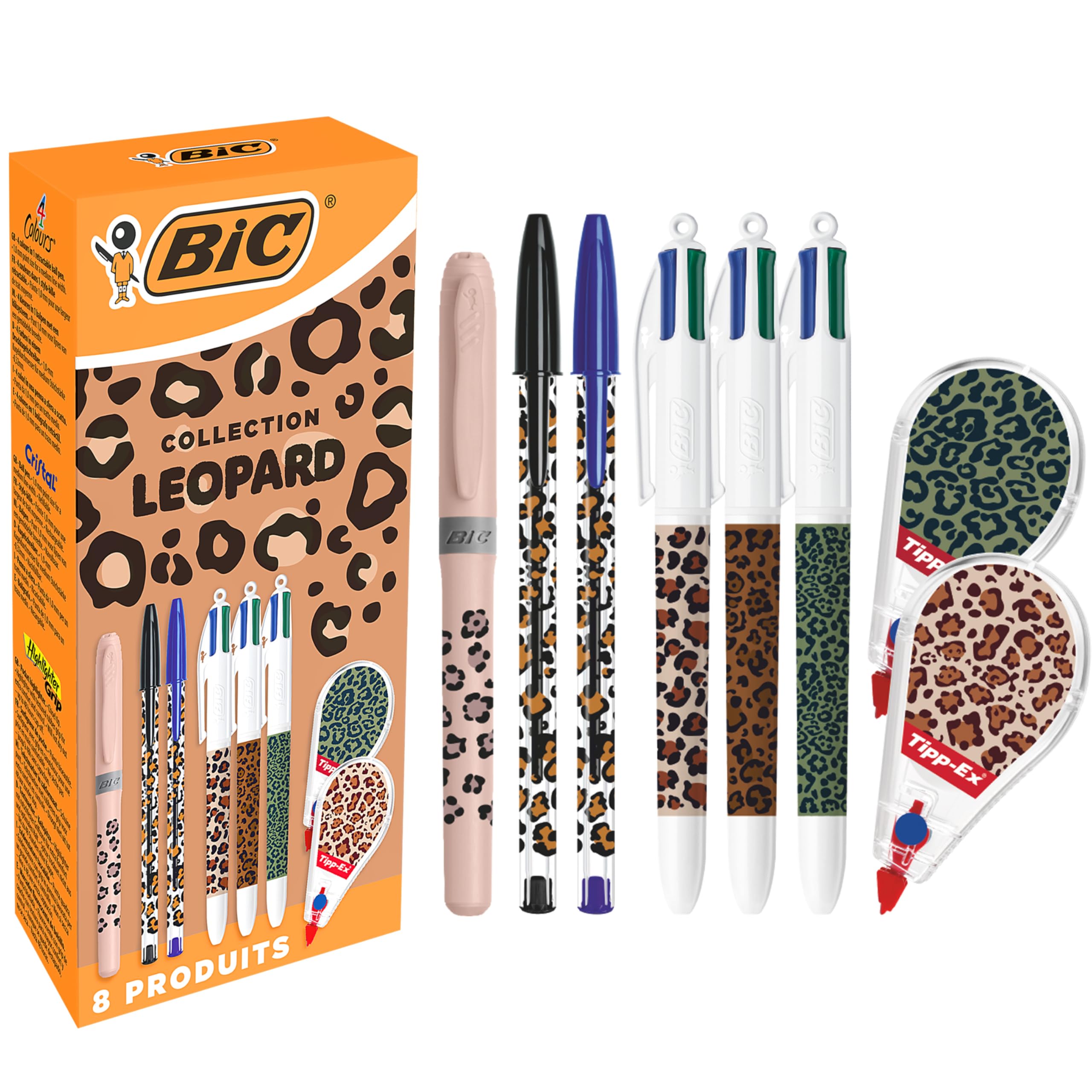 BIC Leopard Collection 8-Piece Set: 3 BIC 4 Colours & 2 Cristal Ball Pens Medium Points (1.00 mm), 1 Highlighter Grip Pastel Pen, 2 Tipp-Ex Mini Pocket Mouse Correctors - Assorted Designs, Box of 8