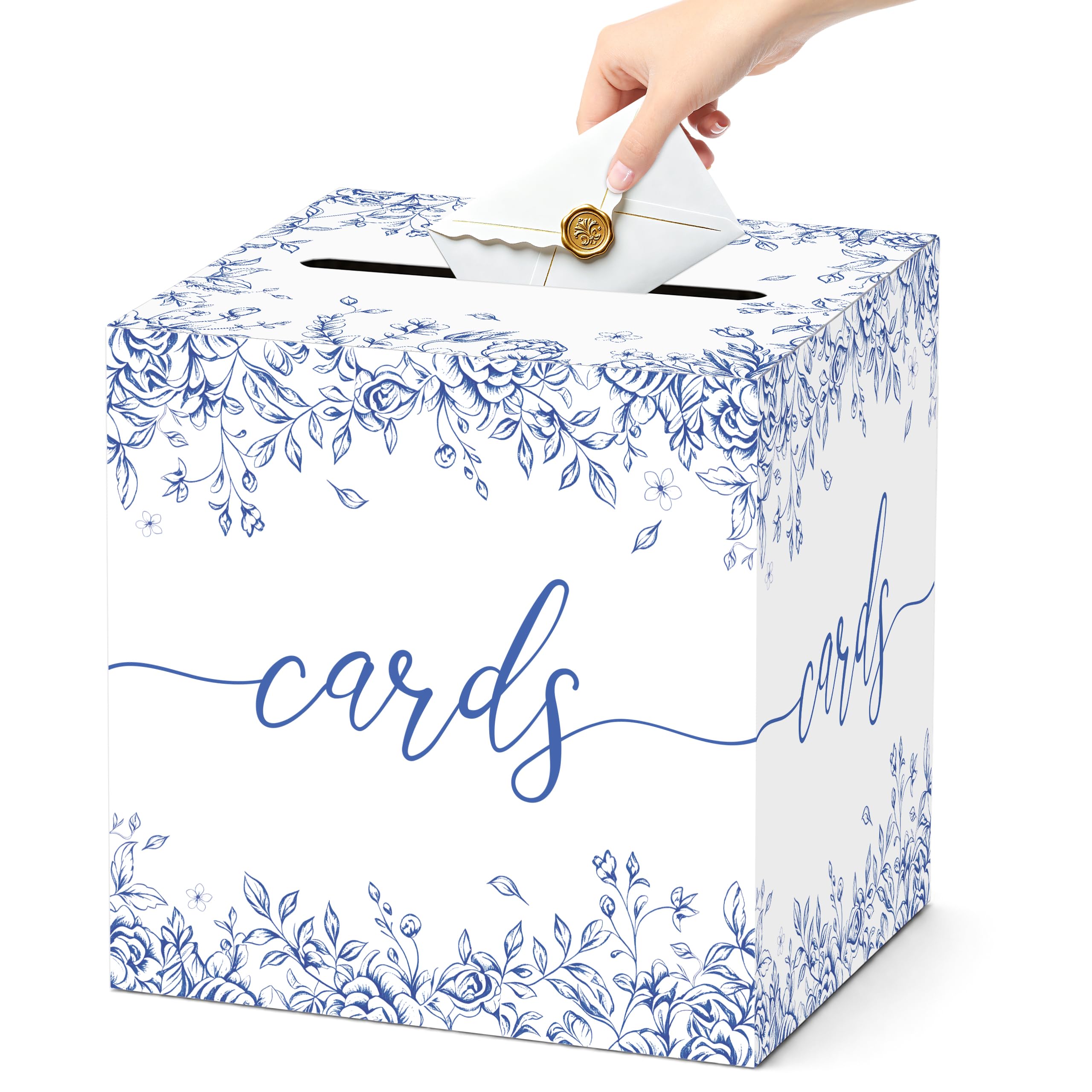 Blue Floral Wedding Card Box with Slot for Baby Shower and Birthday
