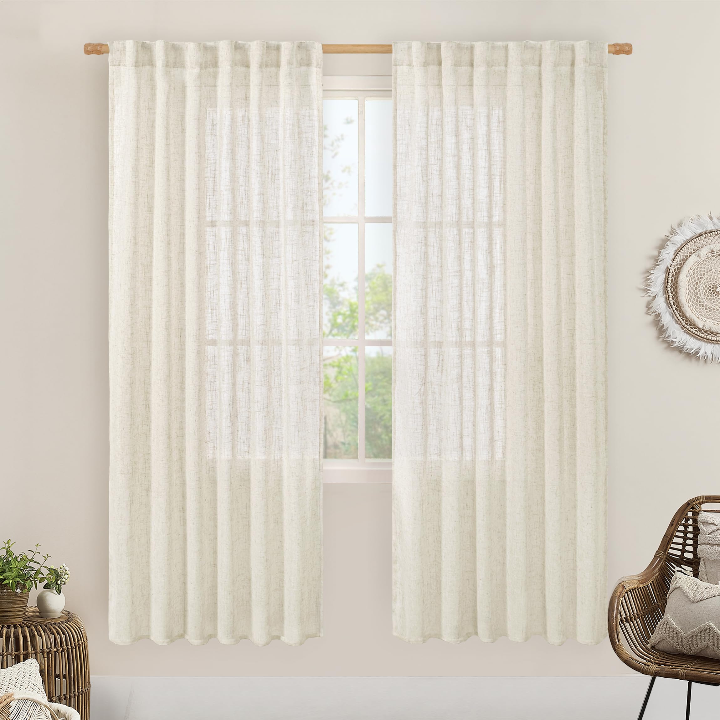 Photo 1 of LAMIT Natural Linen Semi Sheer Curtains 78 Inch for Bedroom, Light Filtering Neutral Window Curtains Farmhouse Boho Back Tab and Rod Pocket Panels, Natural Cream Ivory, 2 Panels, 52 x 78 Inch
