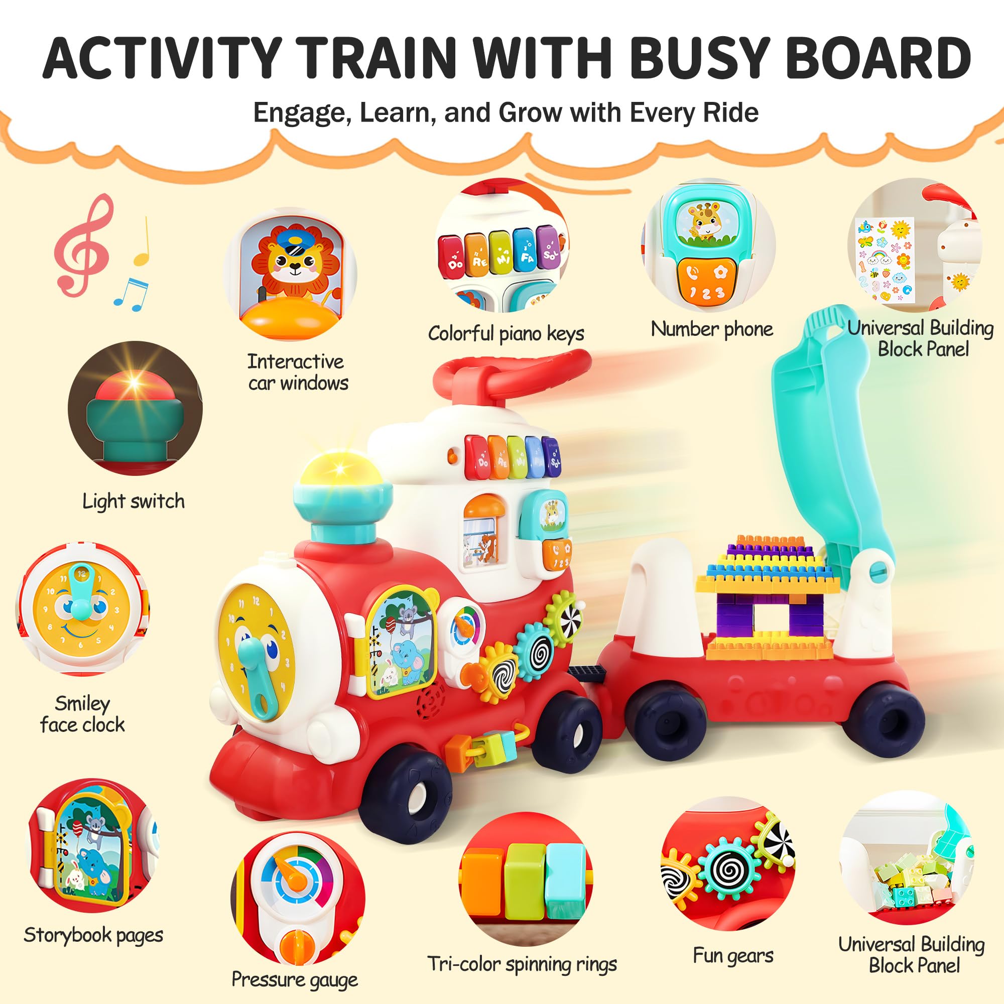 Juguetes de paseo para niños pequeños de 1 a 3 años, tren de tracción 4 en 1, juguete de coche para caminar para niños de 1 año que aprende a caminar, caminante sentado a pie para bebés de 1, 2, 3, 4 5