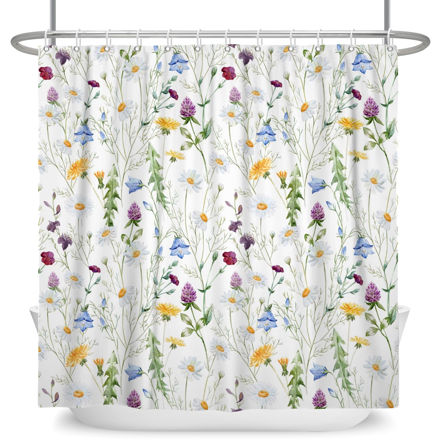 ASDCXZ Flower Shower Curtain 180x180 cm, Spring Blue Yellow Purple White Colorful Flowers Green Leaves Washable Shower Curtains Polyester Textile Waterproof Bath Curtain for Bathtub with 12 Hooks - Image 4