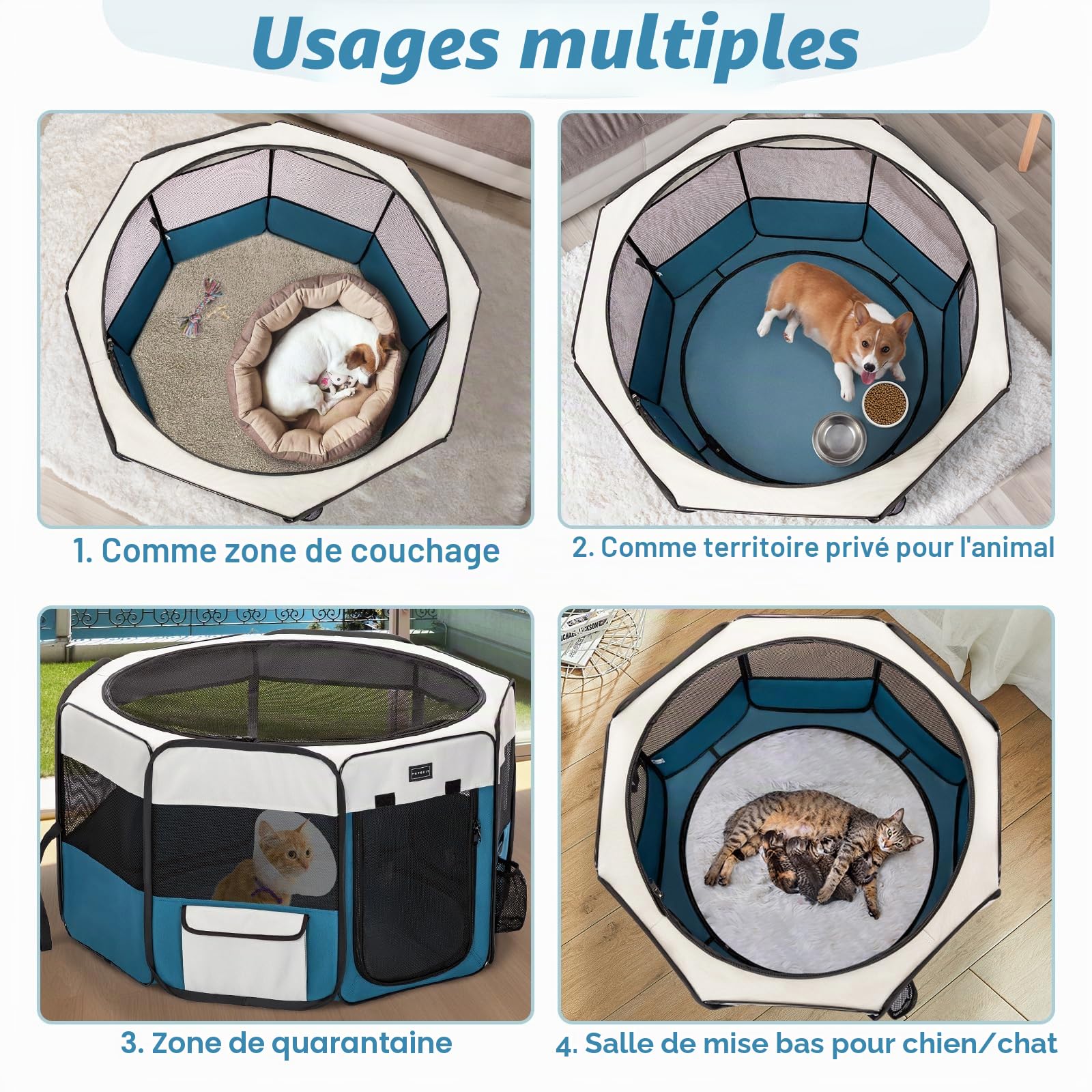 PETSFIT Enclos Pliable pour Petits Animaux, Chiens, Chats, avec Fond étanche, système Pop-up, Design Anti-Mastication, Gris/Bleu, 116 x 106 x 70 cm