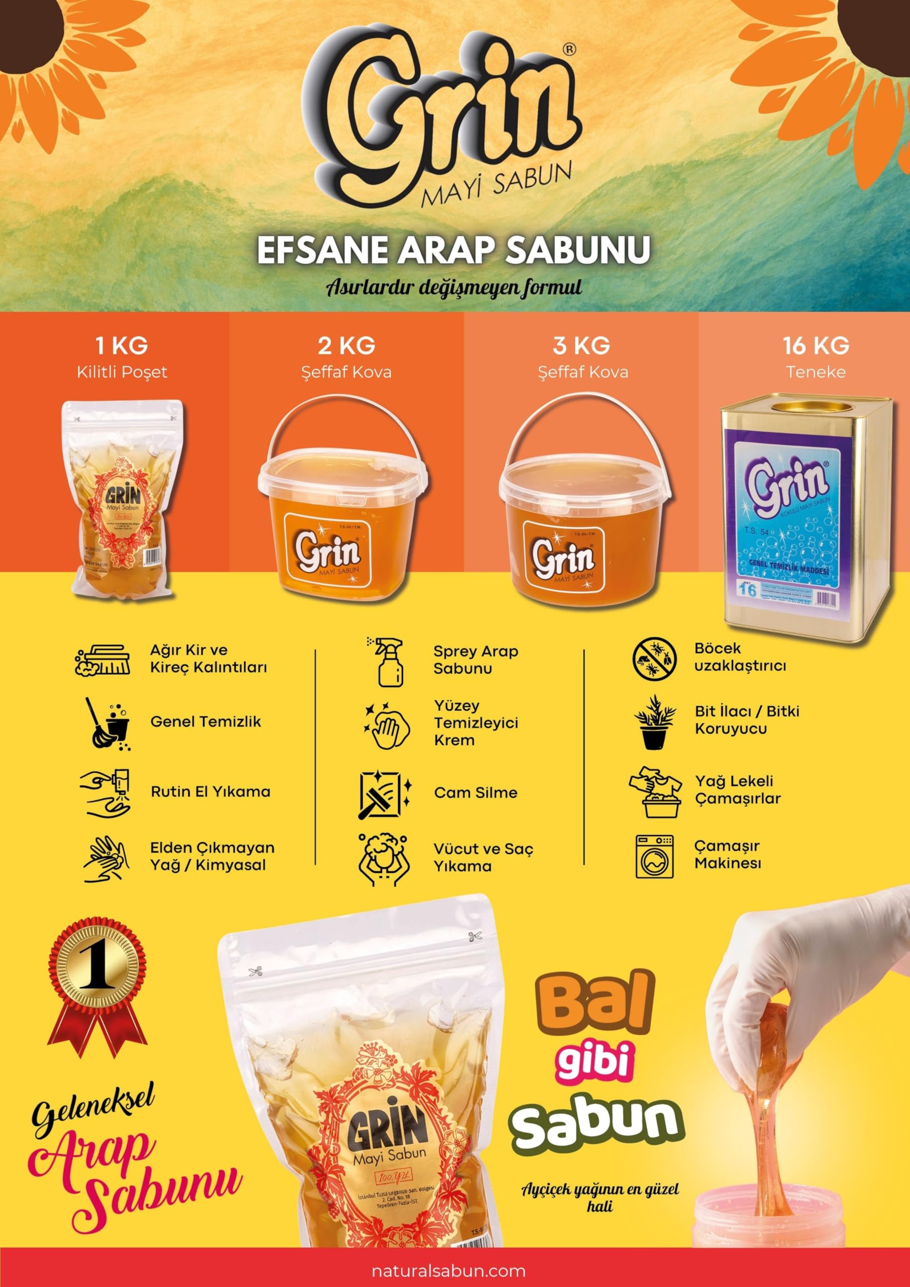 GRİN Ekolojik Arap Sabunu, 3 Kg Organik Jel Sabun, Ayçiçeği Yağı Özlü Doğal Sıvı Sabun (Kova)