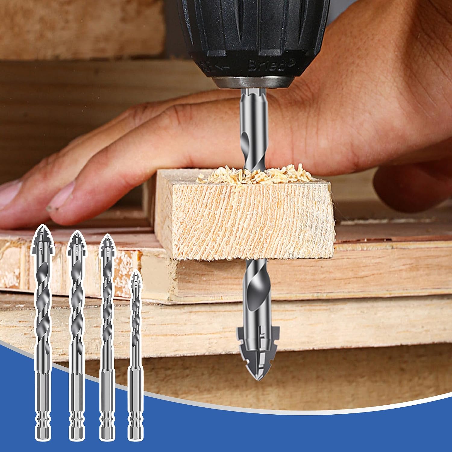 HUHAO 4-Flute Carbide Drill Bits Set (6/8/10/12mm) - 4-Edged Serrated Eccentric Drill for Drilling in Concrete,Tile,Glass,Stone,Ceramic- Durable Masonry Drill Bits for High-Strength Performance