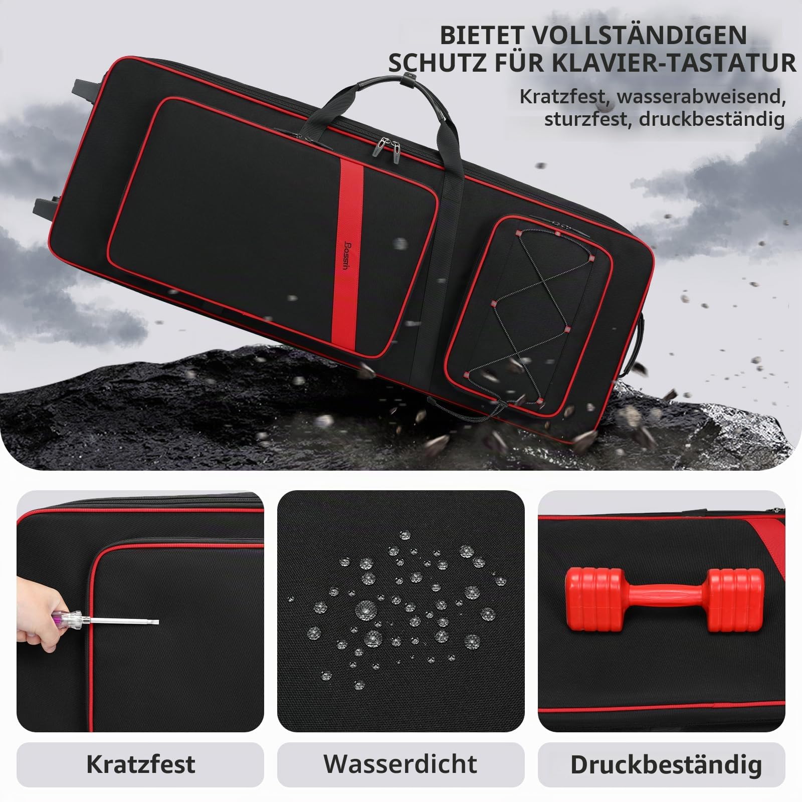 BOSSTIN 61-Tasten-Keyboard-Hülle mit Rollen, interne Größe: 106,7 x 36,8 x 15,2 cm, wasserdicht, gepolstert, Rolling Gigbag, Keyboard, Klaviertasche für 61 Tasten Klaviertastatur