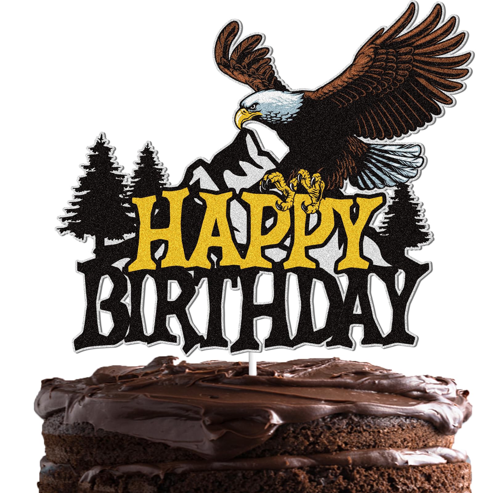 Eagle Happy Birthday Cake Topper Black Glitter Bald Eagle Bird of Prey Cake Decor Eagle Theme Birthday Party Decorations Supplies For Kids Boys Girls