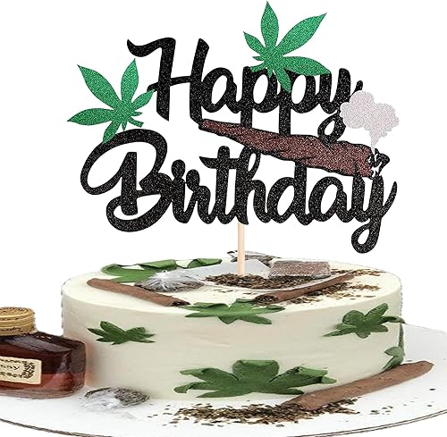 1 paquete de decoración de pastel de feliz cumpleaños con purpurina 420 cumpleaños temático para pasteles, maceta, hojas de maleza, decoración para