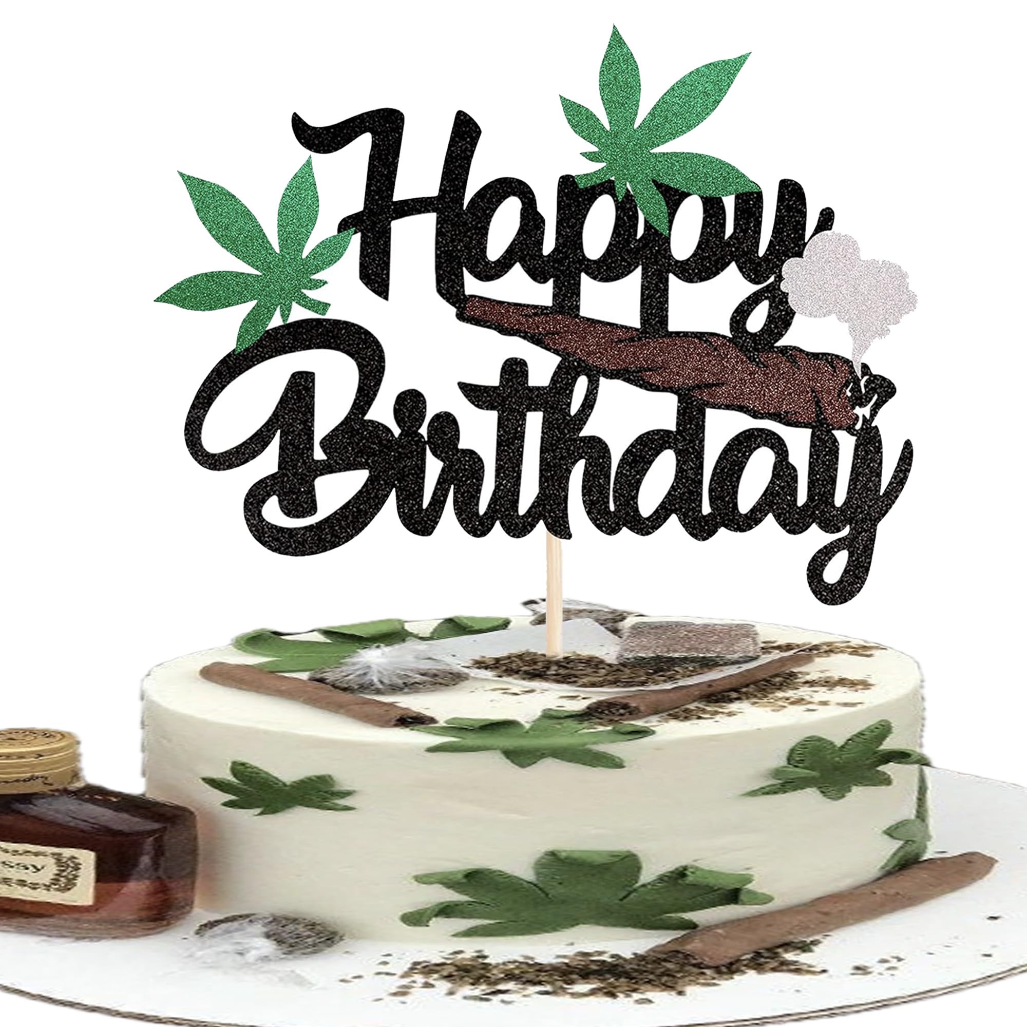 1 Pack Happy Birthday Cake Topper Glitter 420 Birthday Theme Cake Pick Pot Weed Leaves Cake Decorations for Men Women 420 Happy Birthday Party Supplies