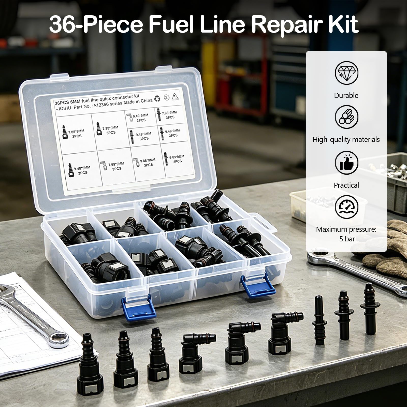 Set di 36 connettori rapidi per tubo carburante, SAE 9,89/9,49/7,89/6,3 mm, connettori ad angolo retto, ID3/6/8 mm ABS, kit di riparazione per auto, moto, barca, carburante, diesel