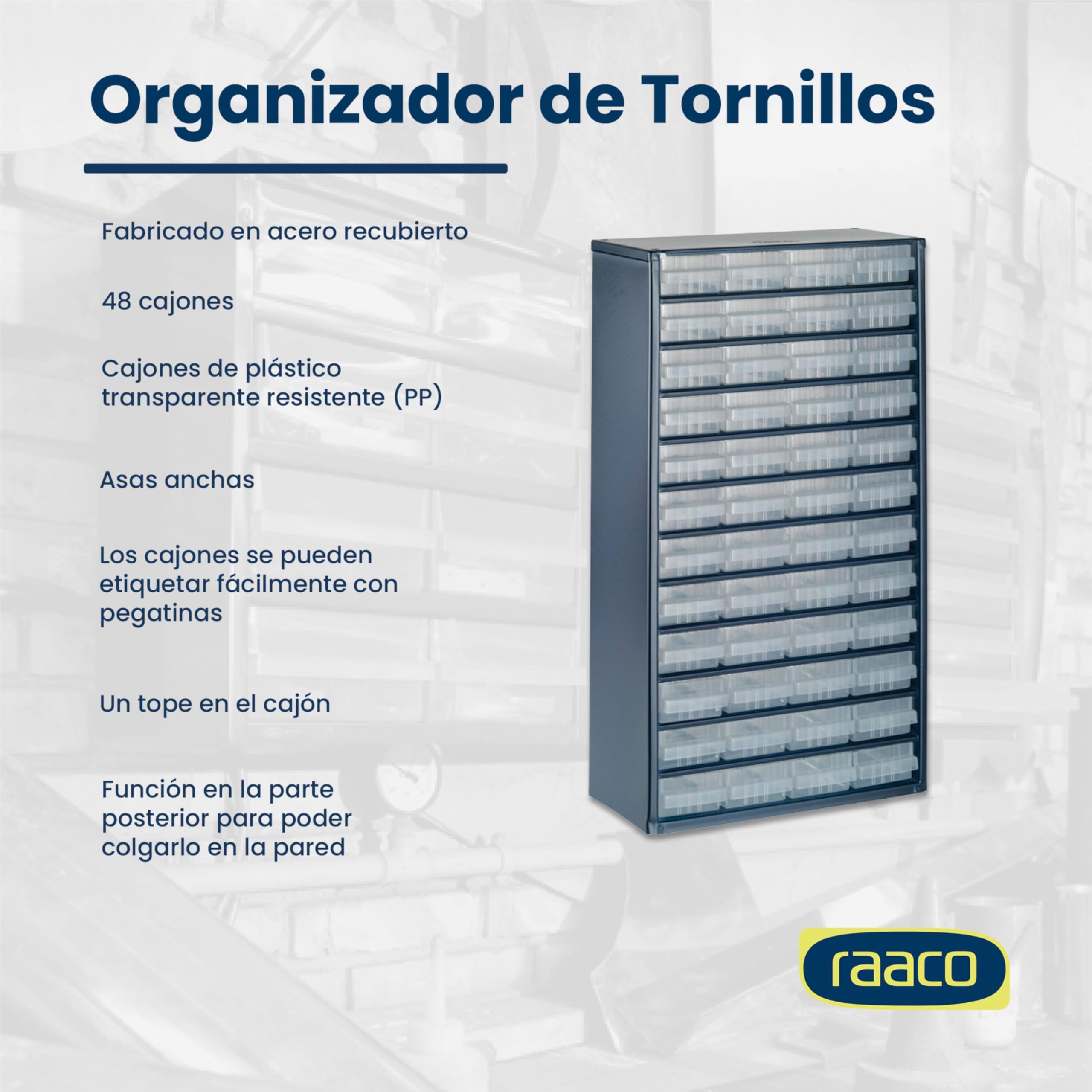 raaco Organizador de Tornillos C12-48, con 48 Cajones, Capacidad 39,6 kg, 15 x 30,6 x 55,2 cm, Apto para Montaje en Pared, Clasificador de Tornillos y Pequeñas Piezas para Taller