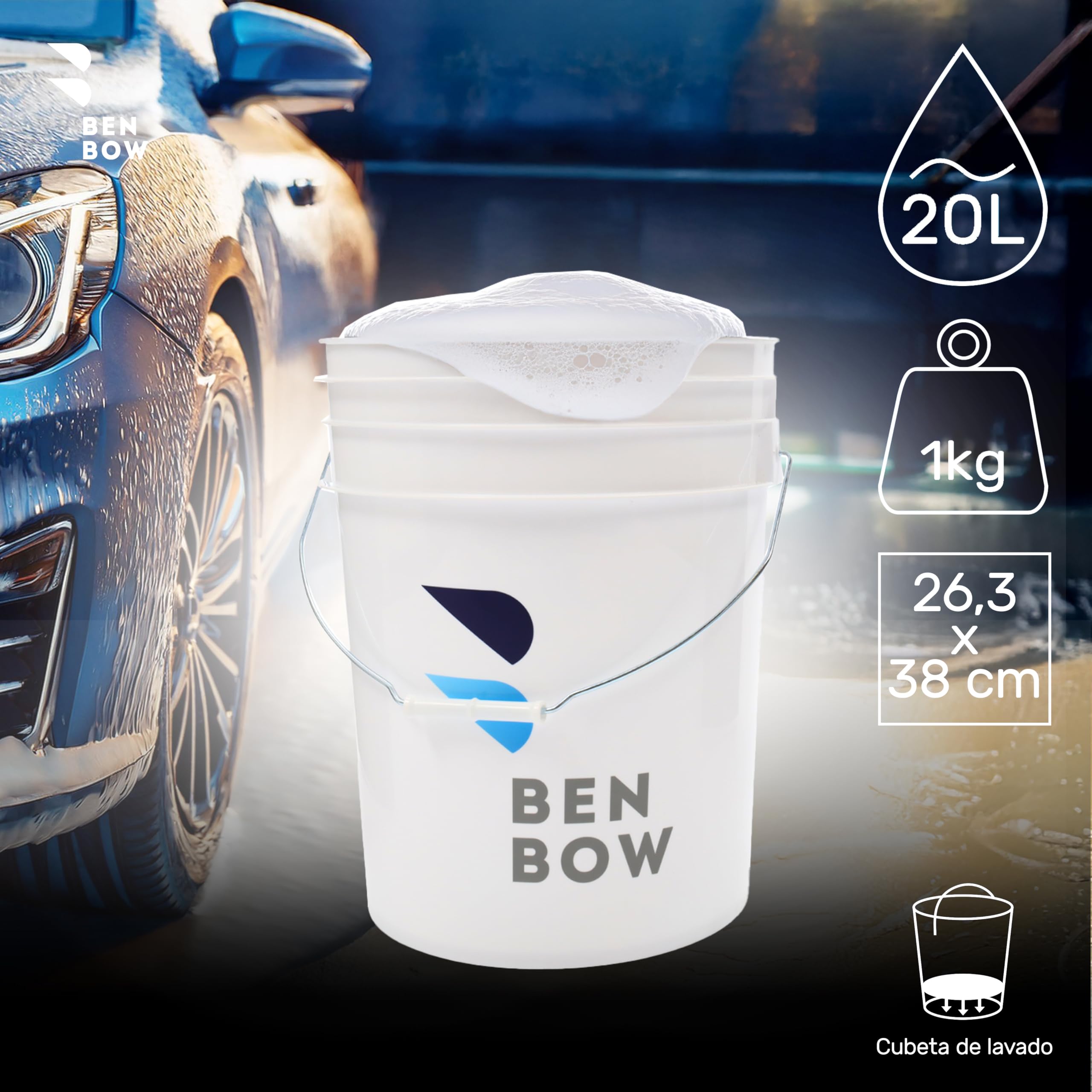 BenBow Juego Profesional: Cubo de Lavado con Tapa y colador de Suciedad – 20 litros Blanco – Duradero y versátil Lavado de Coches – Lavado – hogar – Oficina Limpieza