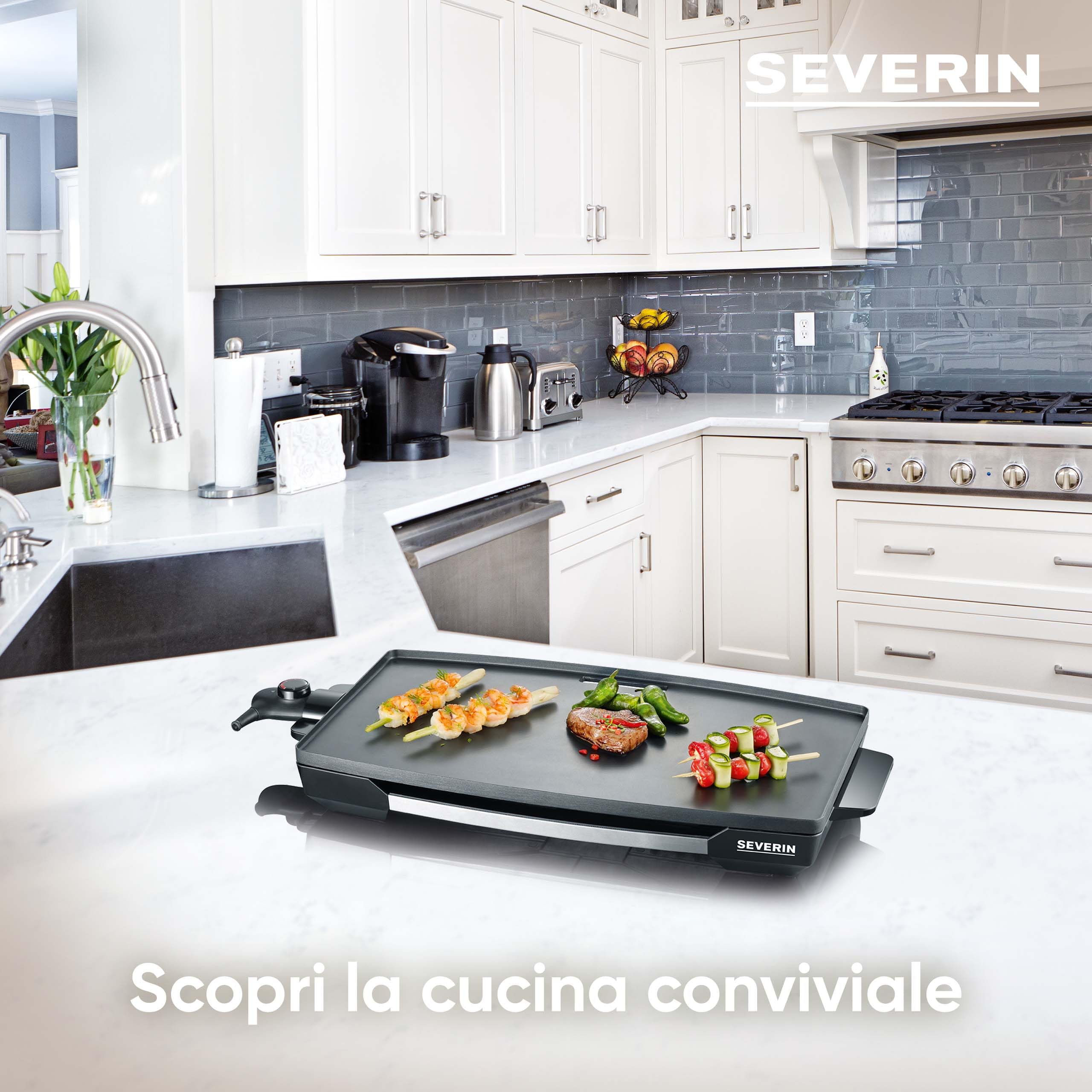 SEVERIN KG 2397 Piano cottura XXL da 2200 Watt, Superficie di cottura multiuso, Piastra in alluminio pressofuso antiaderente, Piastra antiaderente da 2052 cm quadri, Acciaio/nero