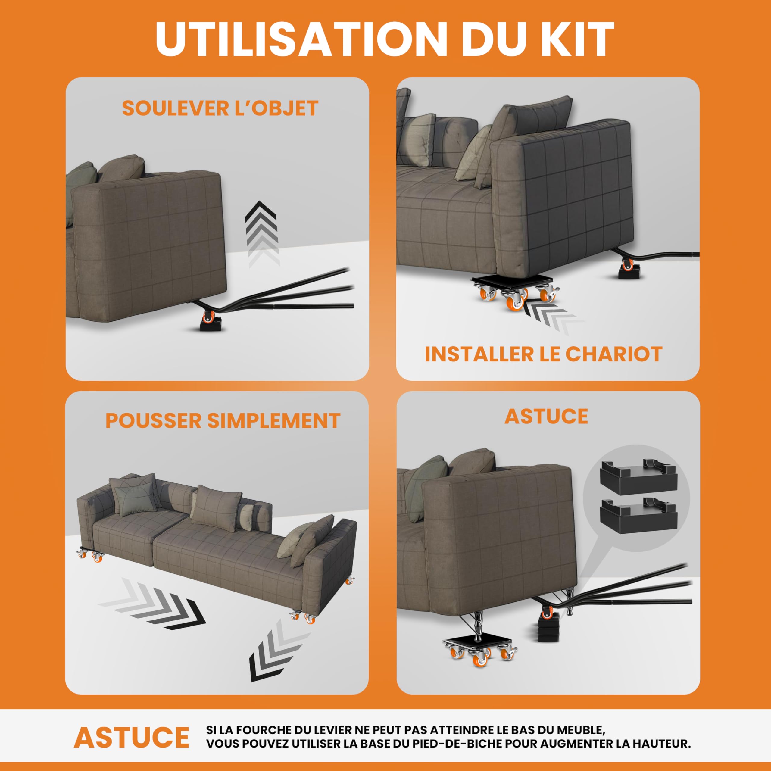 Kit Deplace Meuble 600kg - Leve Meuble avec Plateau Roulant et Roulette Charge Lourde - Chariot Demenagement pour Soulever et Déplacer Meuble sans Effort - Patins glisseurs pour Meubles - EASY MOVERS