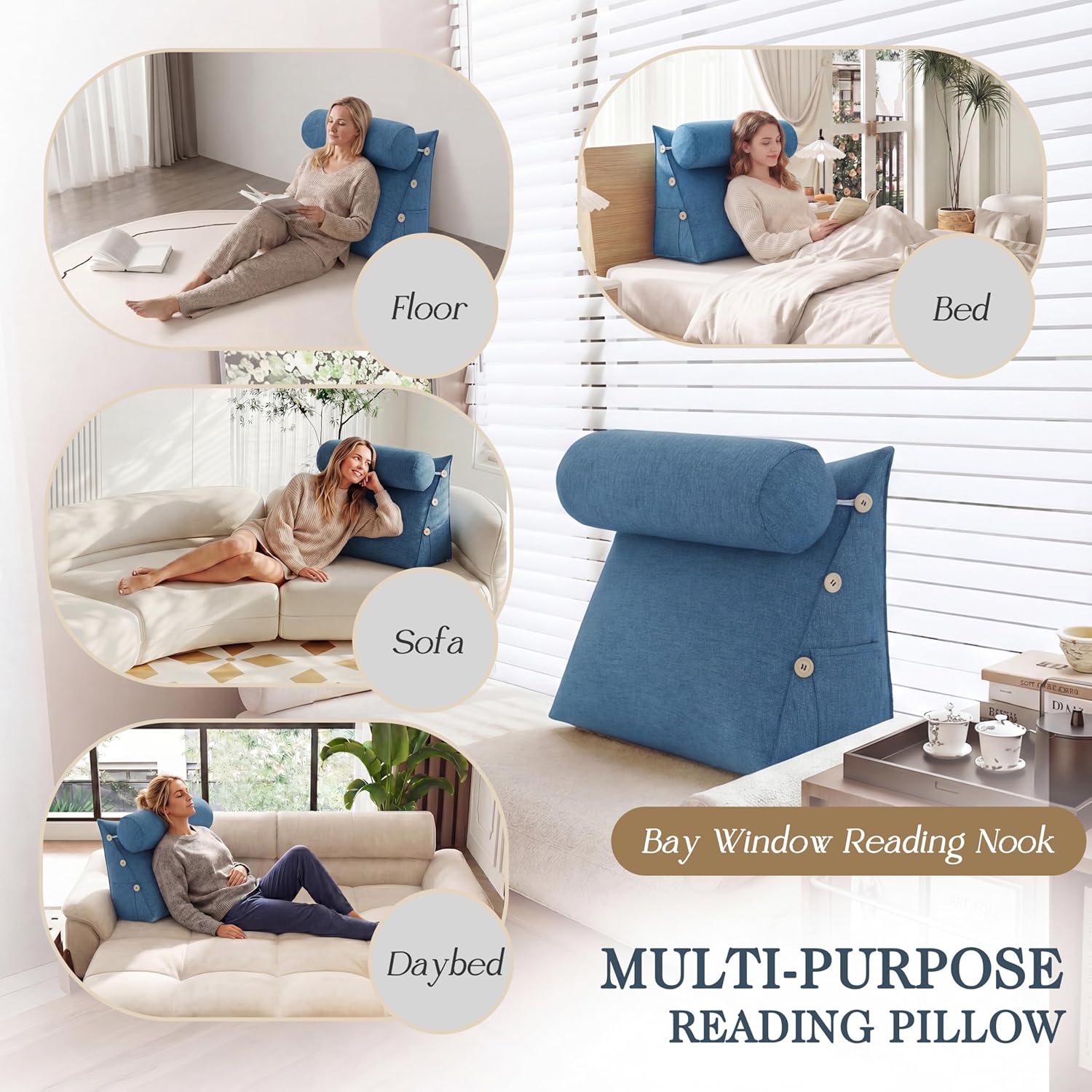 Bed Wedge Reading Pillow, Adjustable Reading Throw Cushion Triangular Pillow Wedge Couch Pillow for Lumbar Neck Back Support Pillow with Removable Linen Cover