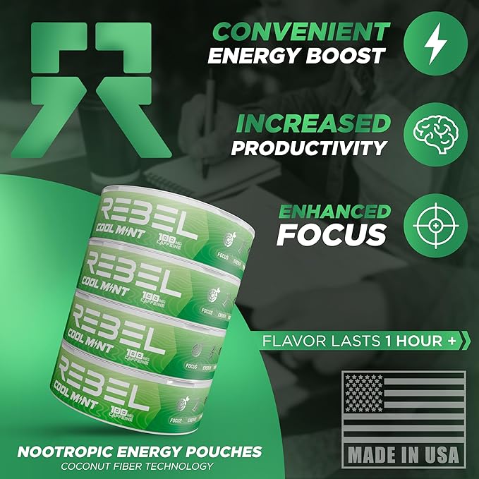 Nootropic Energy Caffeine Pouches • 100mg Caffeine • Alpha GPC • Huperzine A & Essential Vitamins • Sugar-Free • Coconut Fiber Technology • Cool Mint Flavor • 15 Pouches Per Can (Pack of 4)