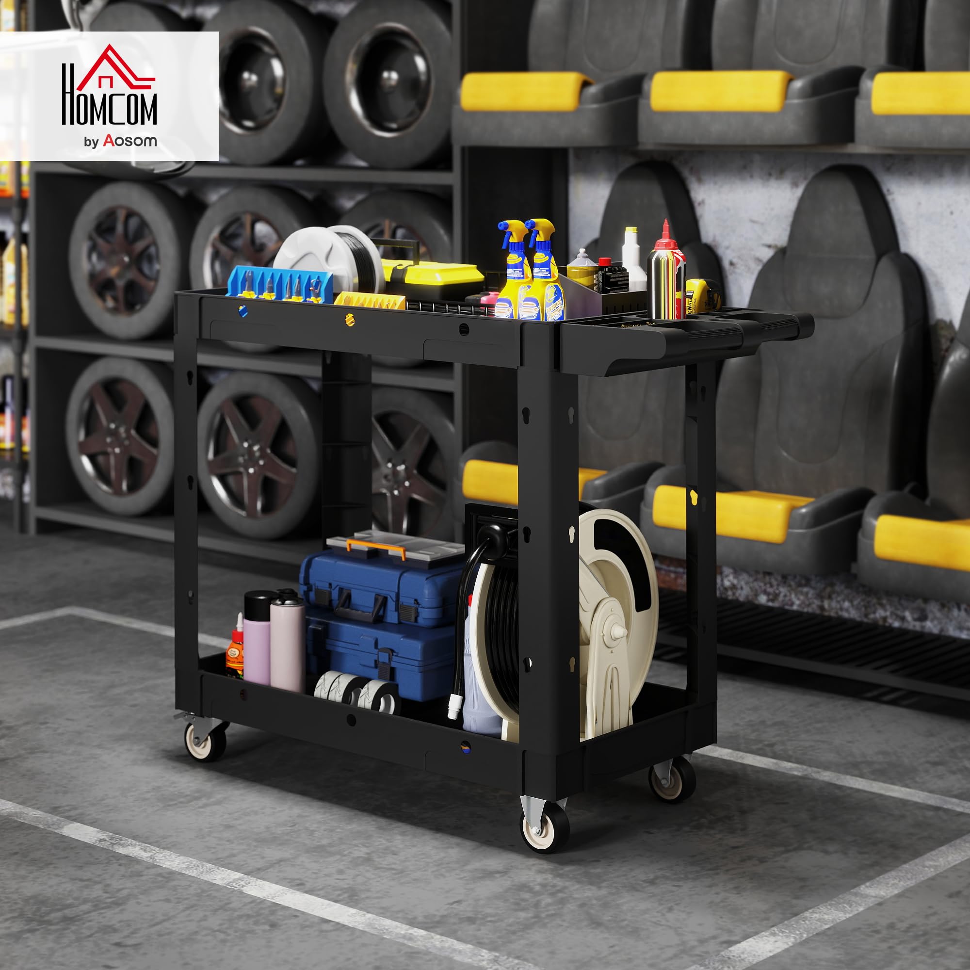 HOMCOM Werkstatt-Rollwagen mit 2 Etagen, Werkstattwagen mit Hakenlöchern Seitengriff, Werkzeugwagen für Lagerhaus, Garage, max. 227 kg Belastbar, Schwarz