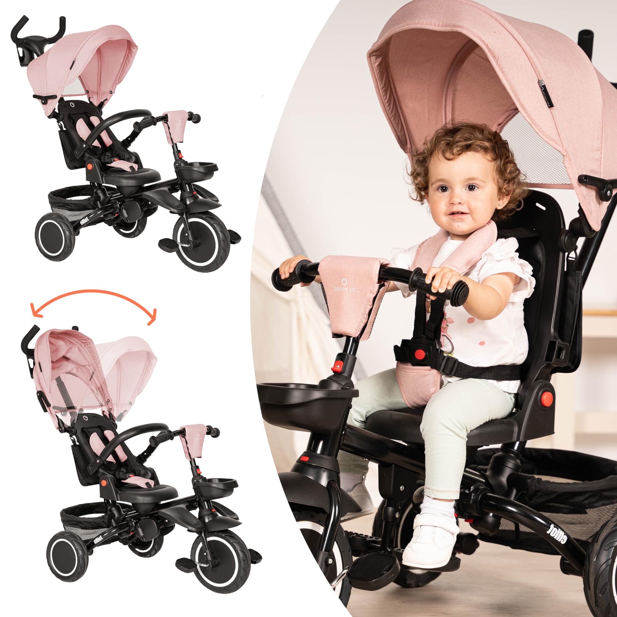 Olmitos - Triciclo Evolutivo Elliot 360º - Asiento Giratorio, Respaldo Ajustable y Estructura Resistente para Crecer con tu Pequeño (Rosa)