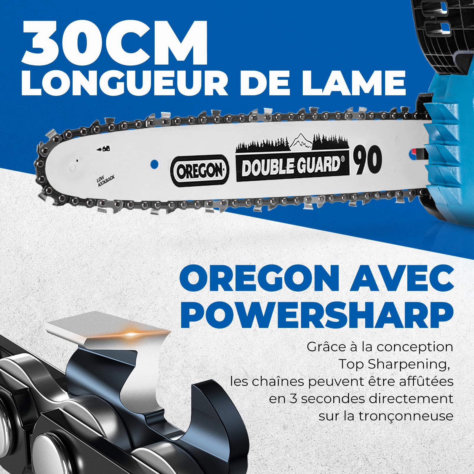 DongCheng tronçonneuse a batterie 20V, moteur sans balai, 12 m/s, guide OREGON 30cm, 2x4,0Ah. Tendeur sans outil, graissage auto. 2kg (sans batterie) – léger & silencieux. Jardin, bois, branches